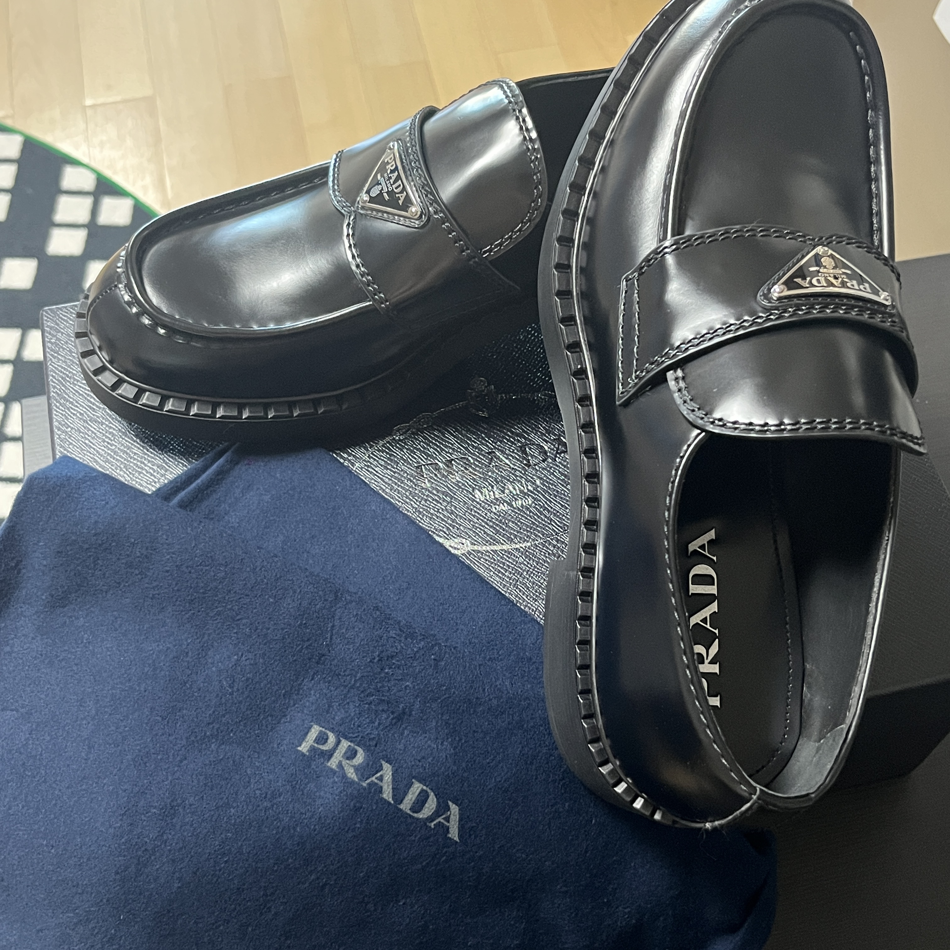 Prada Chocolate Brushed Leather Loafers Black 착용 스타일