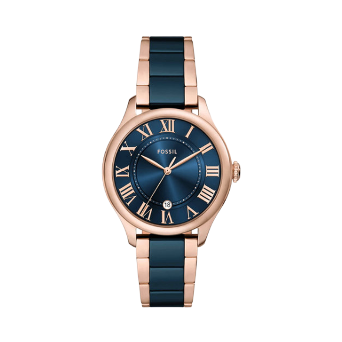 CE1134 (W) Fossil Gilmore Quartz Three-Hand Date 38mm Ceramic Watch Rose Gold Navy