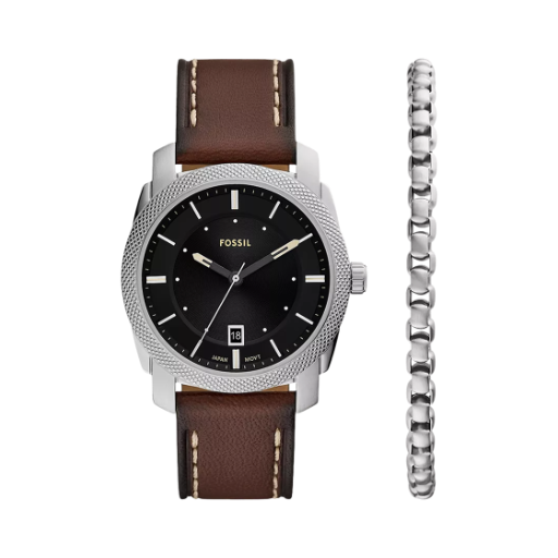 FS6081SET Fossil Machine Quartz Three-Hand Date 42mm Leather Watch and Bracelet Set Black Brown