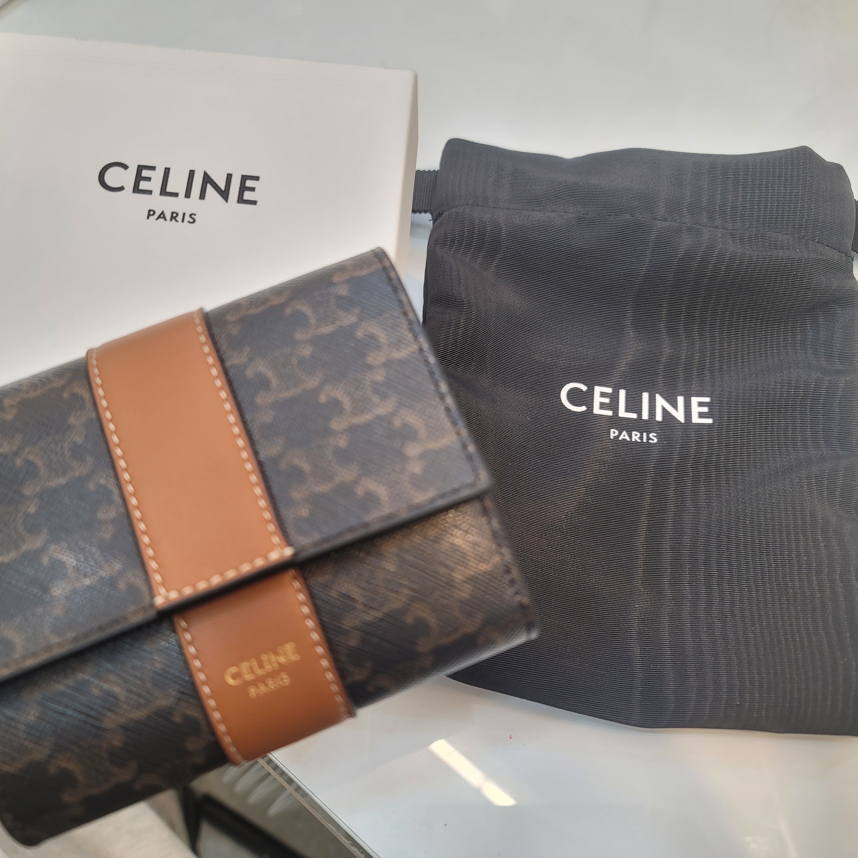 Celine Small Tri-Fold Wallet in Triomphe Canvas & Lambskin Tan 착용 스타일