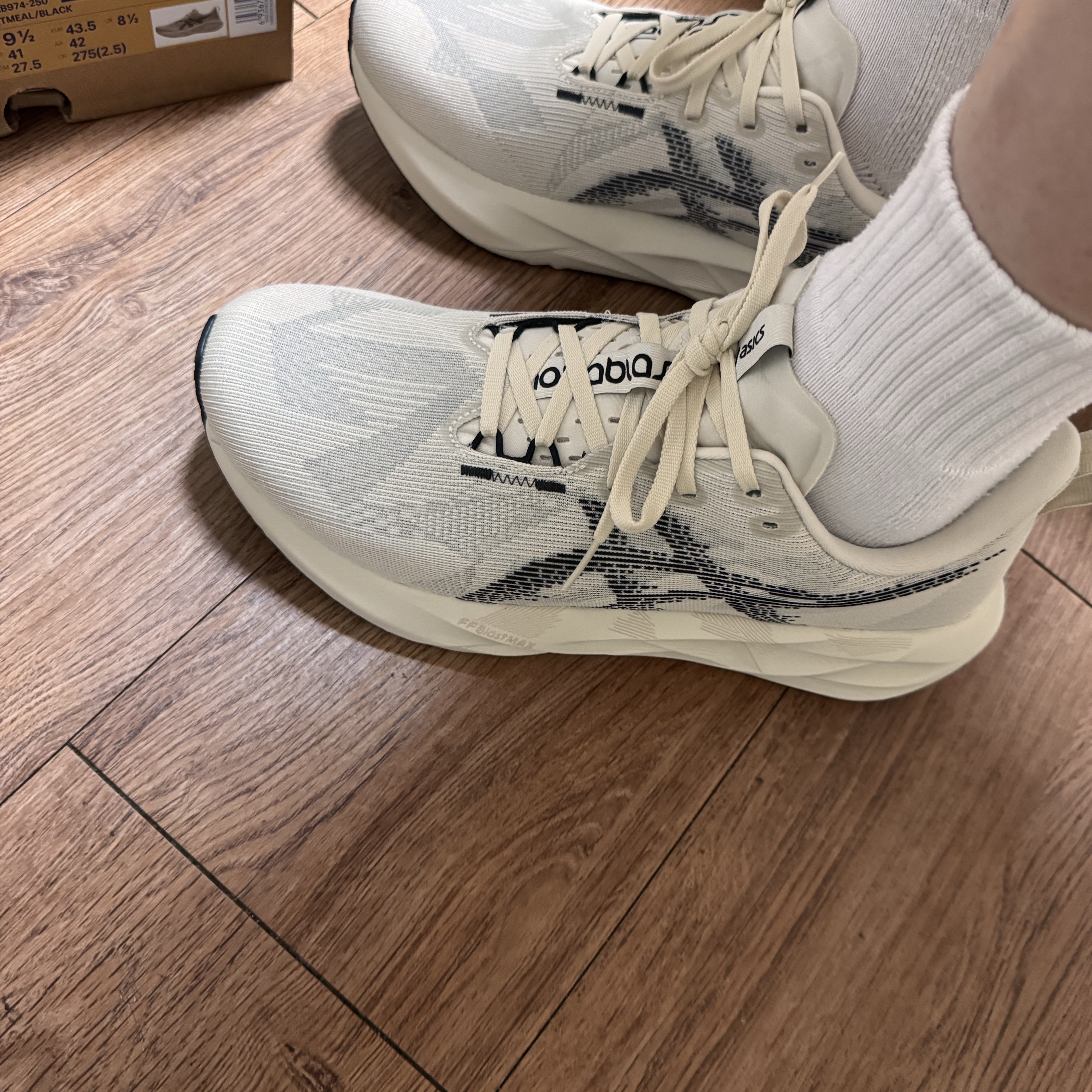 Asics Novablast 5 Oatmeal Black - D Standard 착용 스타일
