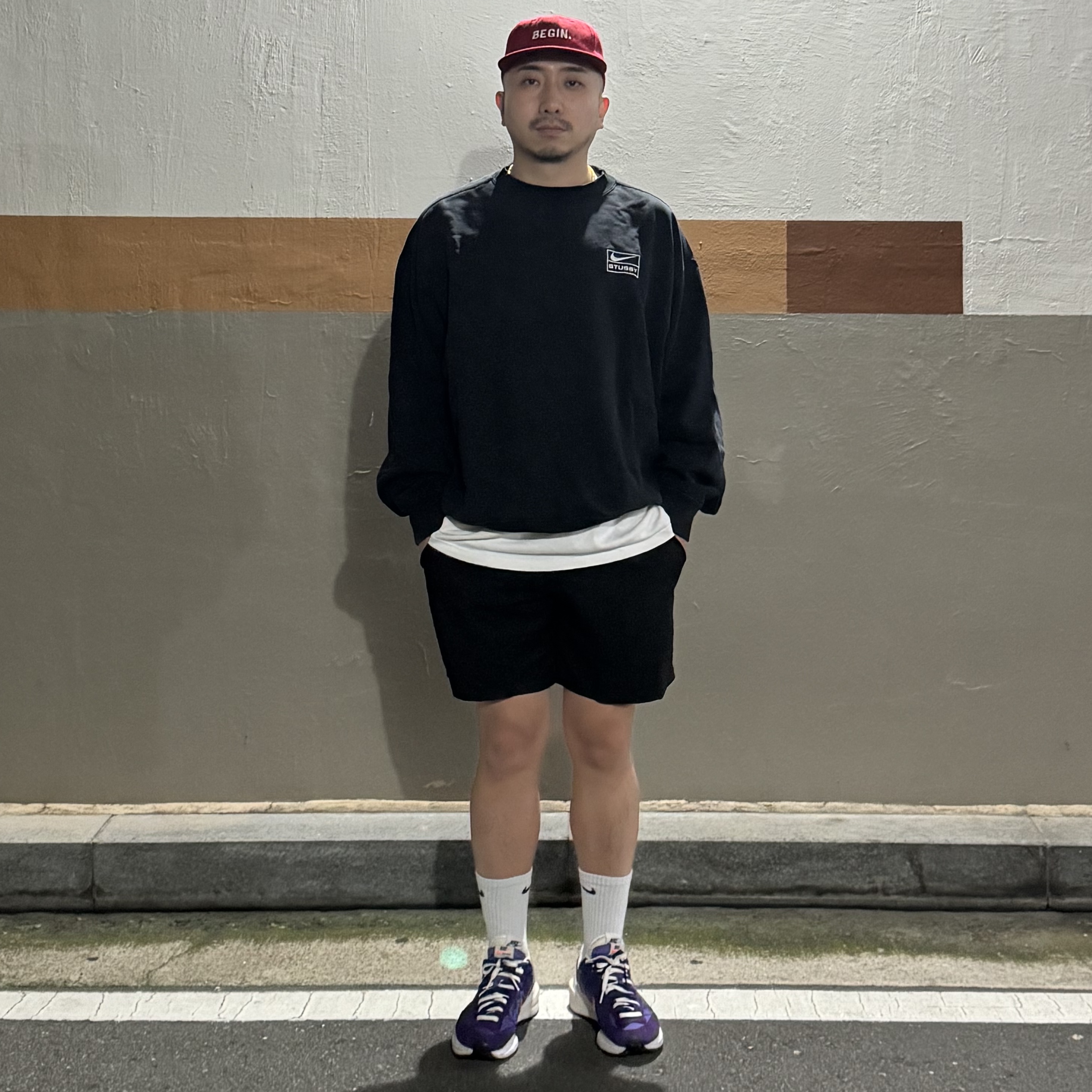 Nike x Sacai VaporWaffle Dark Iris, Nike x Stussy NRG Washed Fleece Crewneck Black (DO5310-010) 착용 스타일