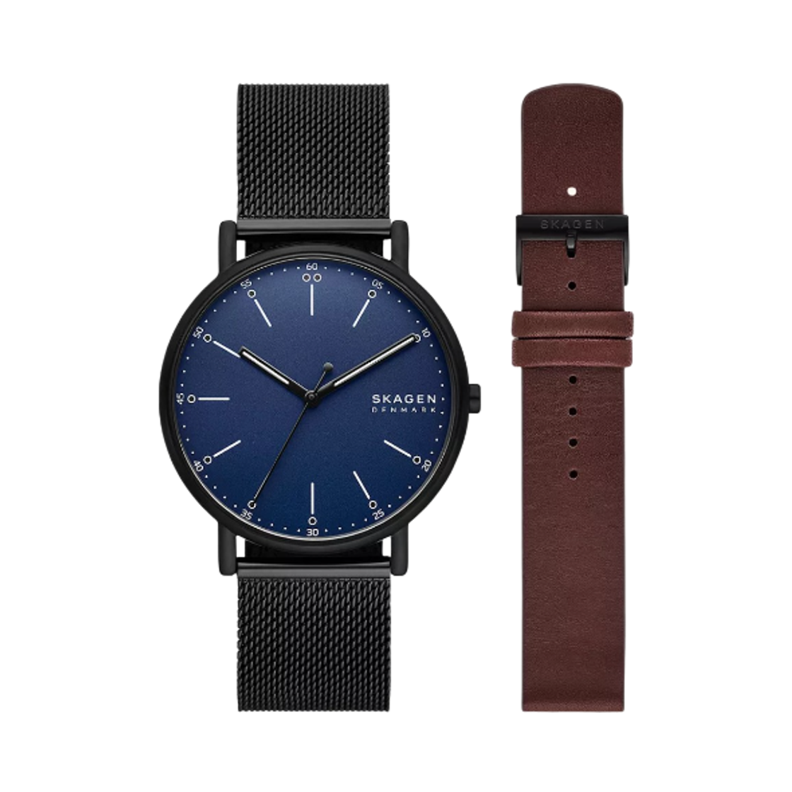 스카겐 시그니쳐 쿼츠 쓰리핸드 40mm 블루  스테인리스 스틸 메쉬 스트랩 세트 블랙(Skagen Signature Quartz Three-Hand 40mm Blue Stainless Steel Mesh Strap Set Black)
