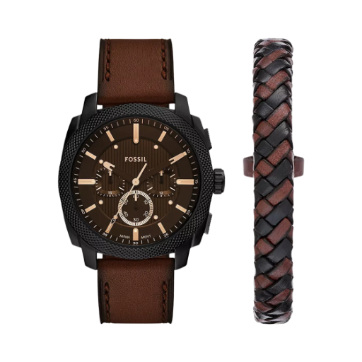 FS6102SET Fossil Machine Quartz Chronograph 44mm Leather Watch and Bracelet Set Black Brown