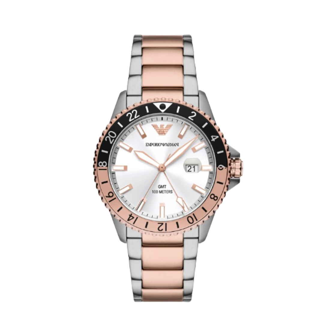 엠포리오 아르마니 GMT 쿼츠 듀얼 타임 42mm 투톤 스테인리스 스틸 화이트 실버(Emporio Armani GMT Quartz Dual Time 42mm Two-Tone Stainless Steel White Silver) - 1