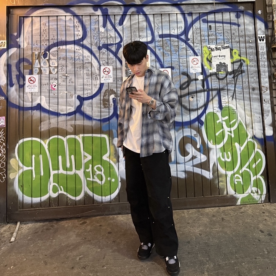 Nonnod Flexible String Check Shirt Japanese Linen Blue, Vacant Archive Unisex Nova Carpenter Pants Black 착용 스타일 - 1
