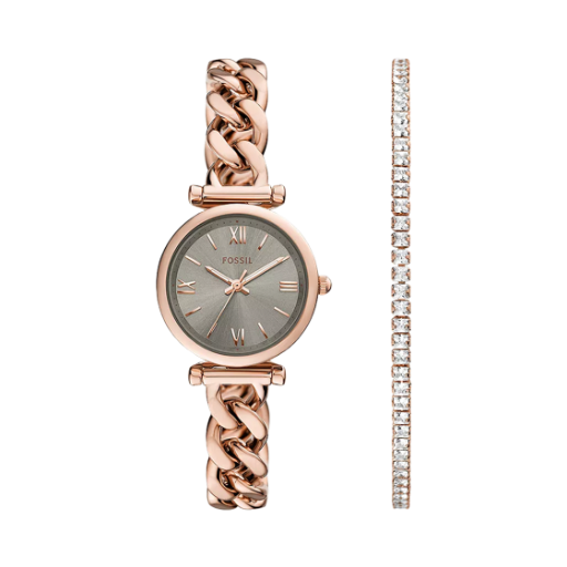 (W) 파슬 칼리 쿼츠 쓰리핸드 28mm 스테인리스 스틸 워치 브레이슬릿 세트 그레이 로즈 골드((W) Fossil Carlie Quartz Three-Hand 28mm Stainless Steel Watch and Bracelet Set Grey Rose Gold) - 1