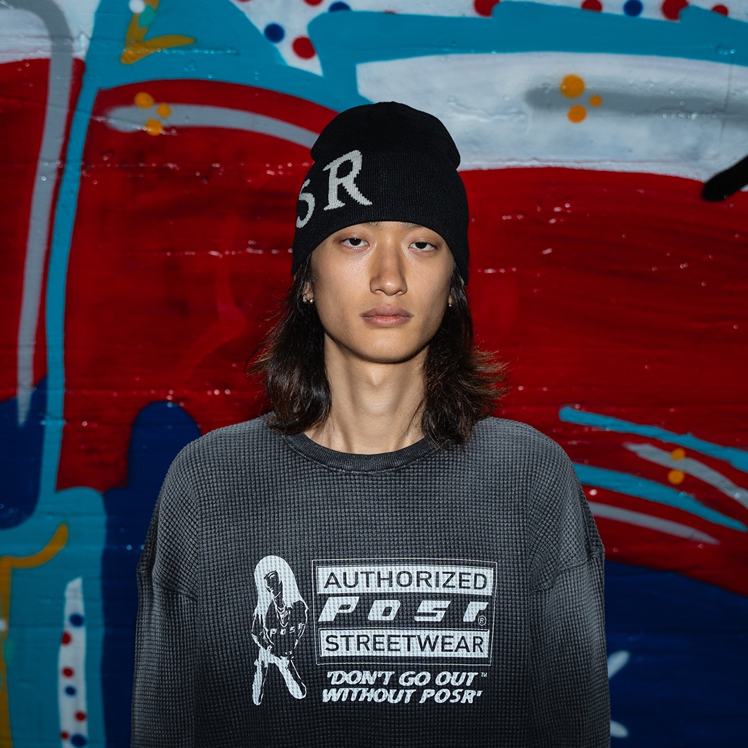 POSR Logo Beanie, POSR Overdyed POSR Waffle Tee Faded Black 착용 스타일
