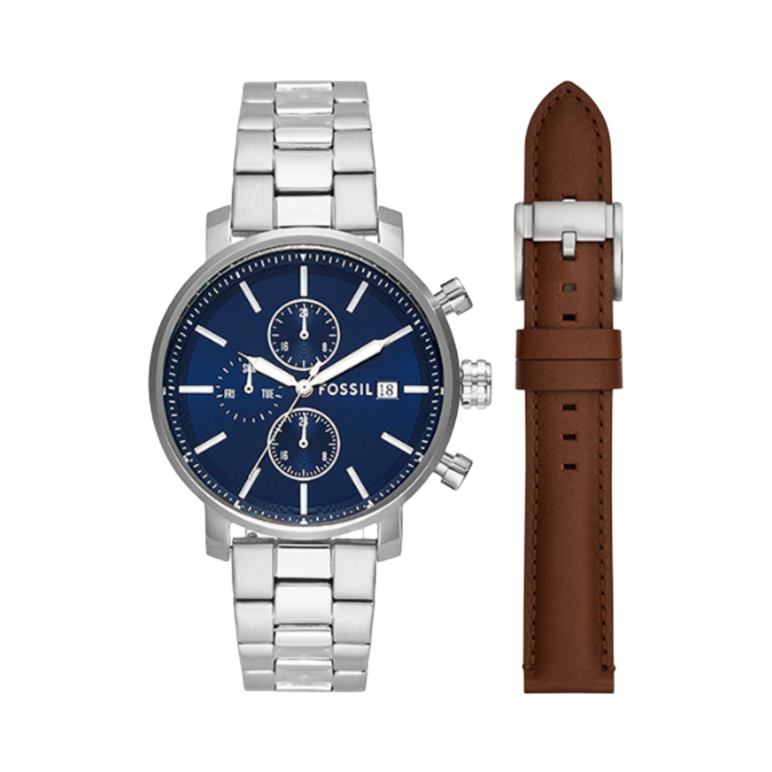 BQ2872SET Fossil Rhett Quartz Multifunction 43mm Stainless Steel Watch and Strap Set Silver Blue