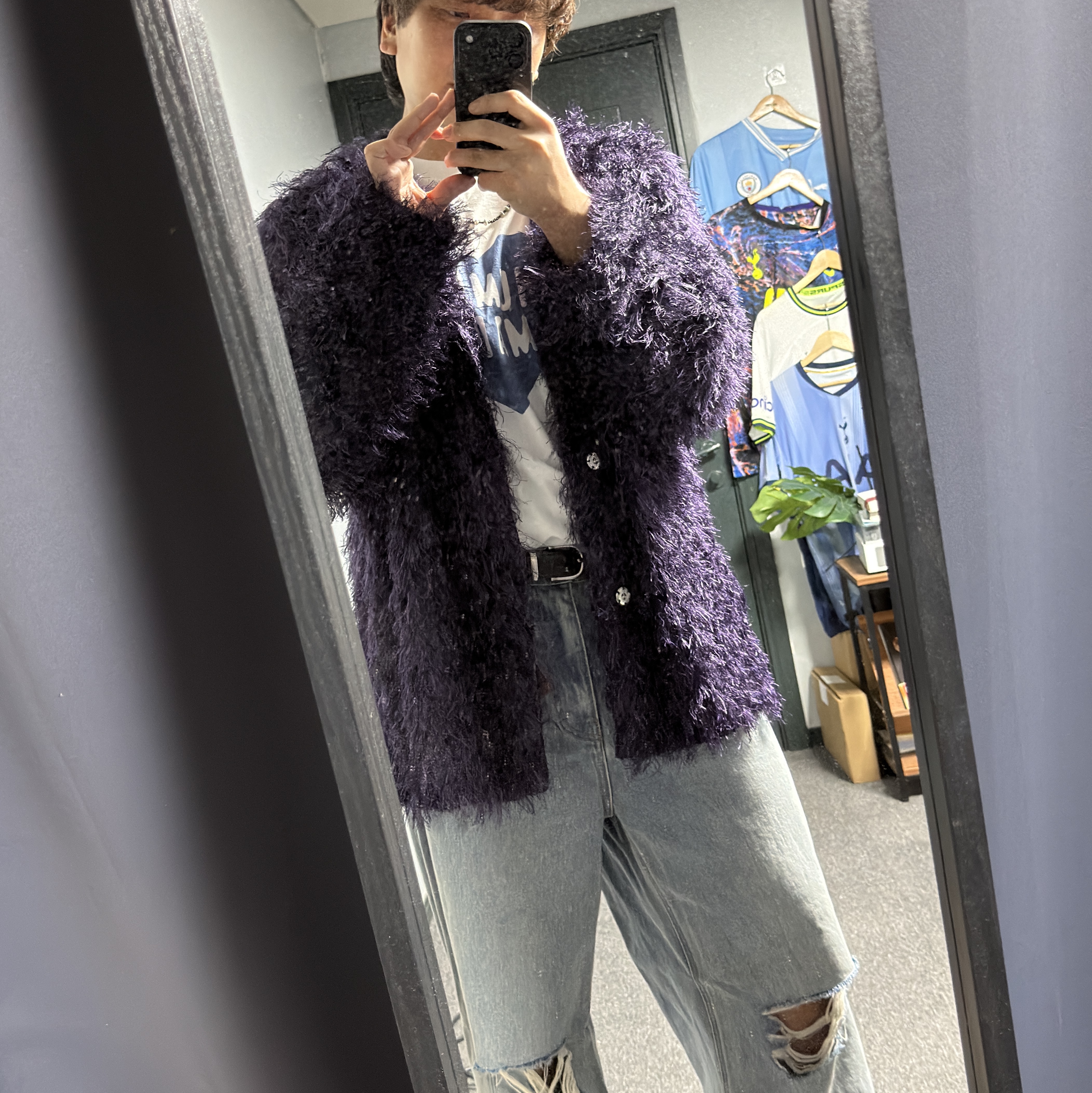 Needles Argyle Fringe Snap Cardigan Purple, Human Made Heart T-Shirt White Blue - Offline Store Exclusive 착용 스타일