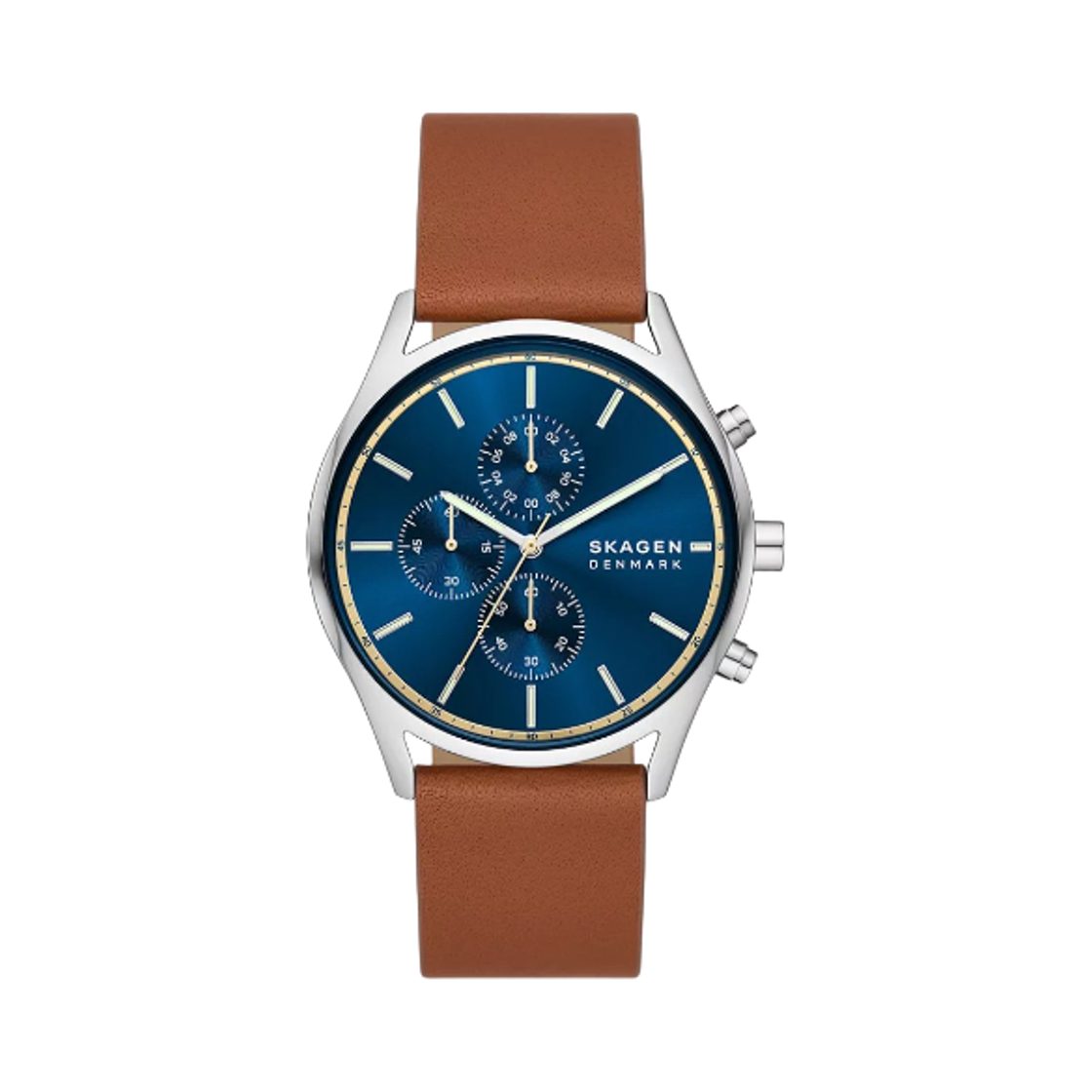 스카겐 홀스트 쿼츠 크로노그래프 42mm 블루 러기지 레더 브라운(Skagen Holst Quartz Chronograph 42mm Blue Luggage Leather Brown)