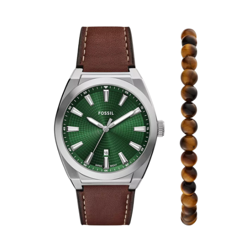 FS6080SET Fossil Everett Quartz Three-Hand Date 42mm Leather Watch and Bracelet Set Green Brown