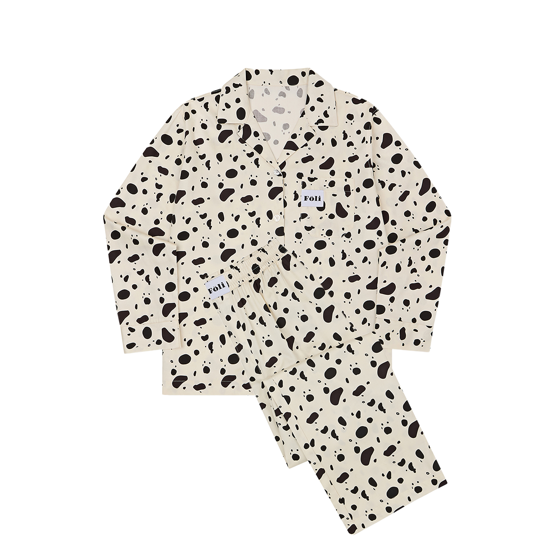 폴리 유니섹스 달마시안 아이보리 긴팔/긴바지 파자마 세트(Foli Unisex Dalmatian Ivory Long PJ Set)