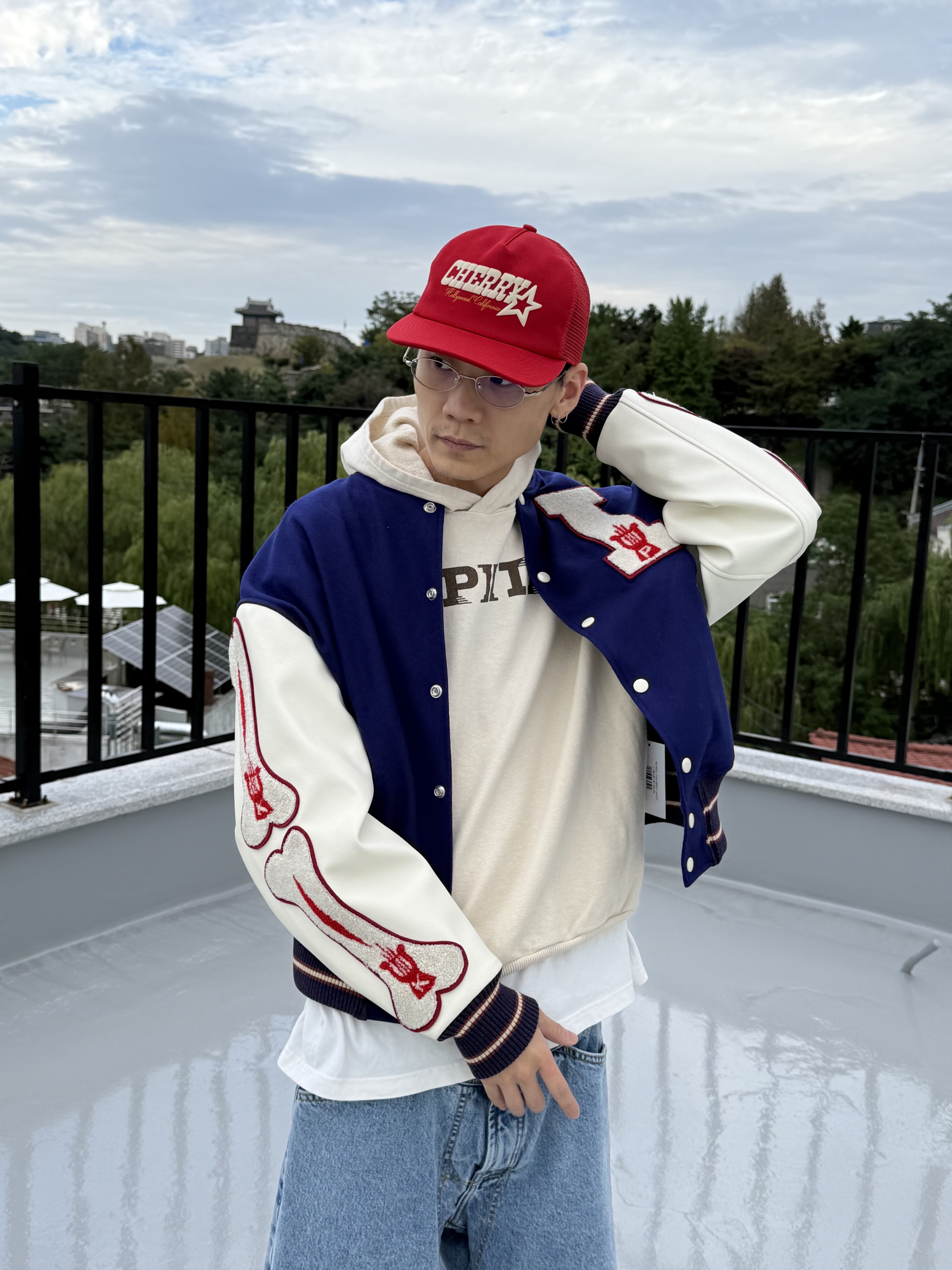 Kapital Wool I-Five Varsity Jacket Blue, Kapital Fleece Hooded Sweatshirt Speakeasy Kapital Pt Kinari 착용 스타일 - 2