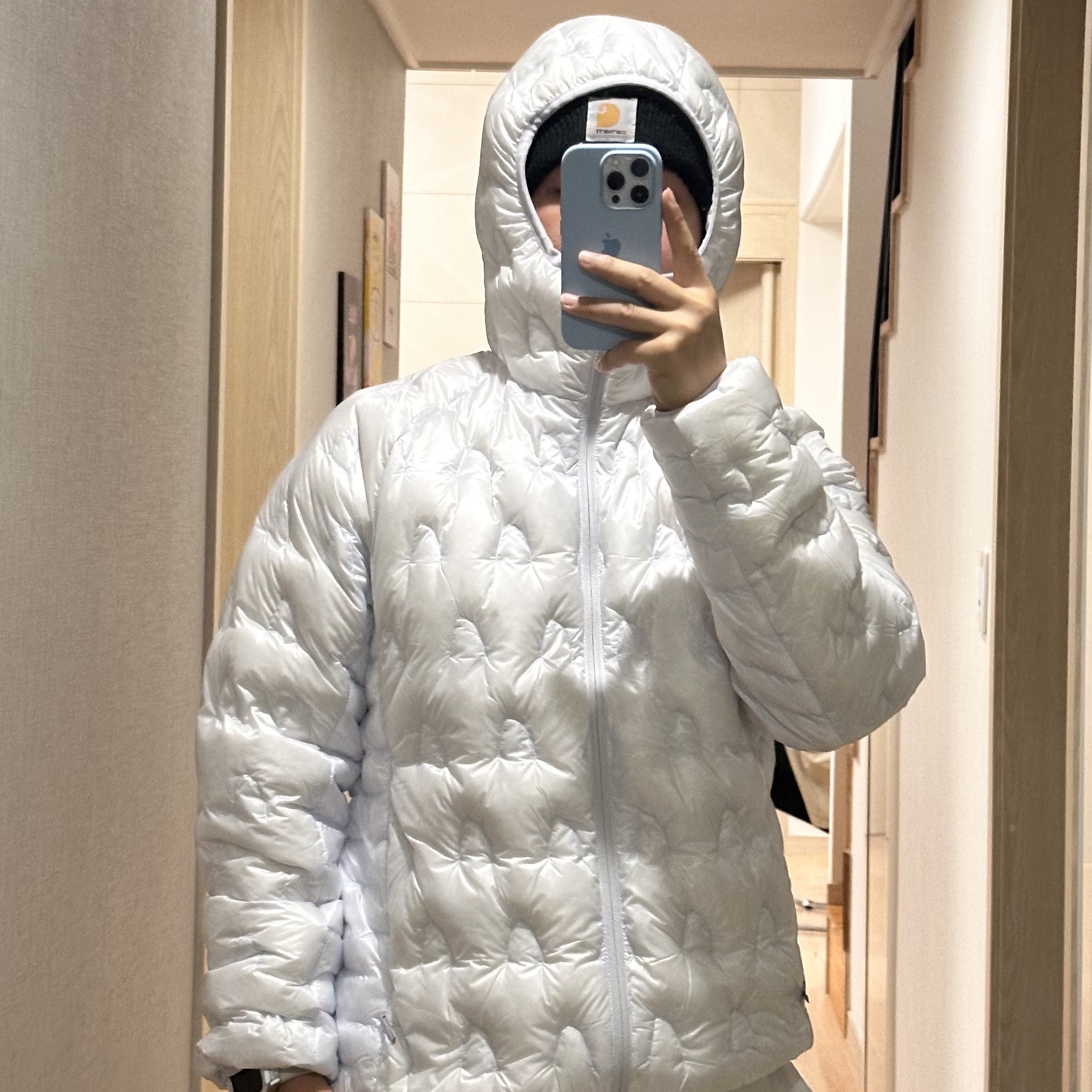 SIERRA DESIGNS Halfdome Lightweight Goose Down Hooded Jacket Light Grey 착용 스타일 - 1