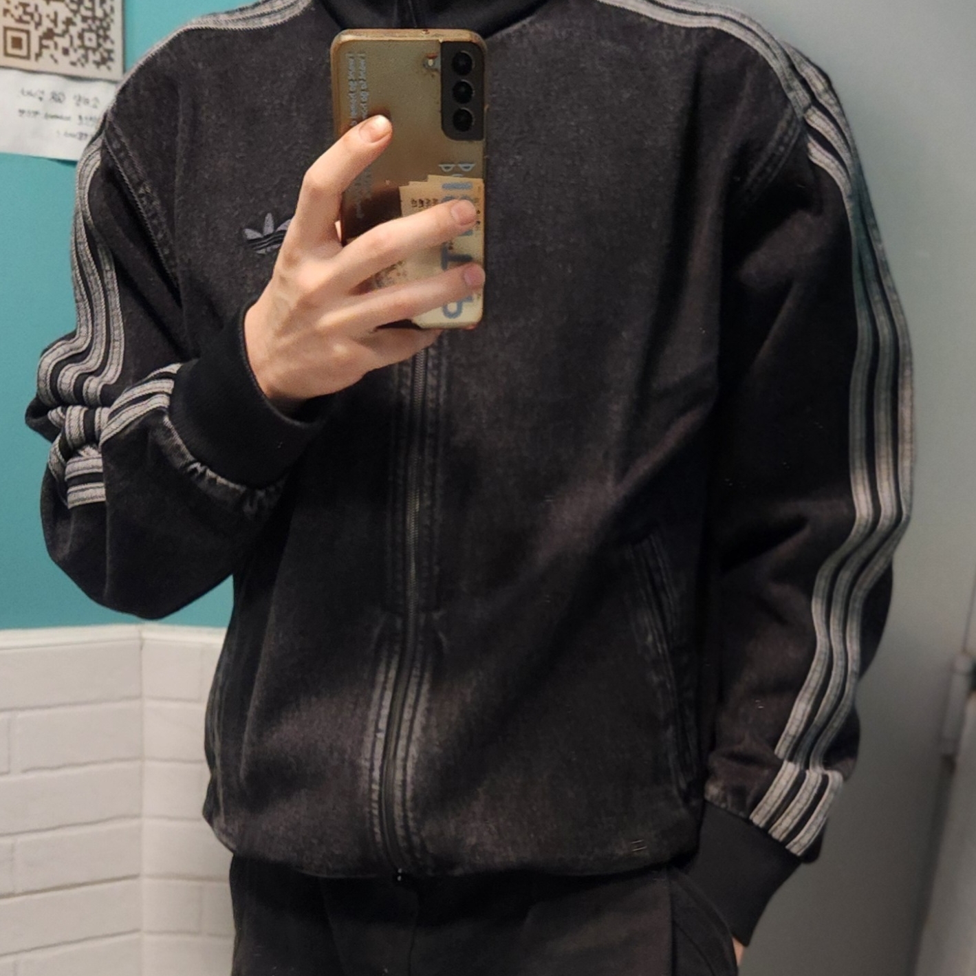 Adidas Adicolor Denim Firebird Track Top True Black Denim  - KR Sizing 착용 스타일 - 2