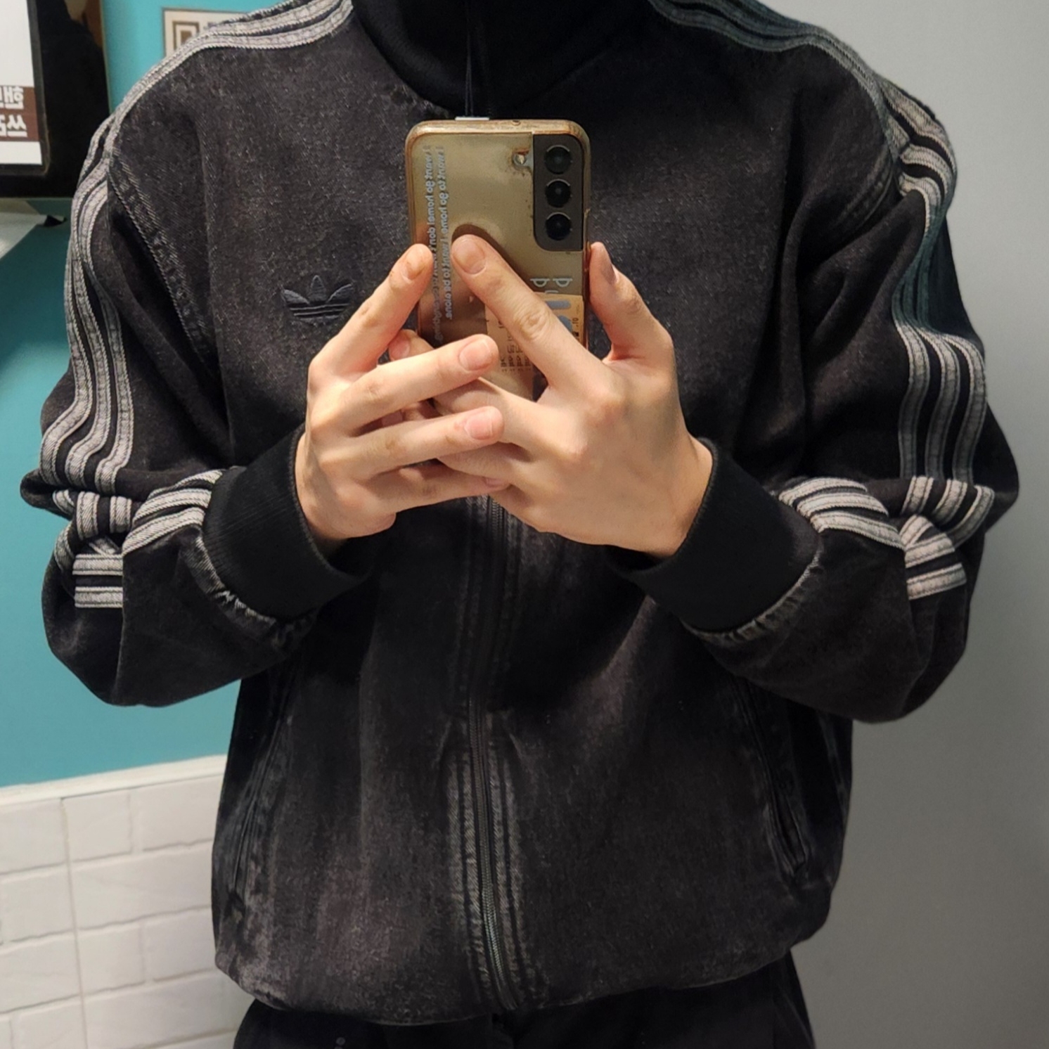 Adidas Adicolor Denim Firebird Track Top True Black Denim  - KR Sizing 착용 스타일 - 1