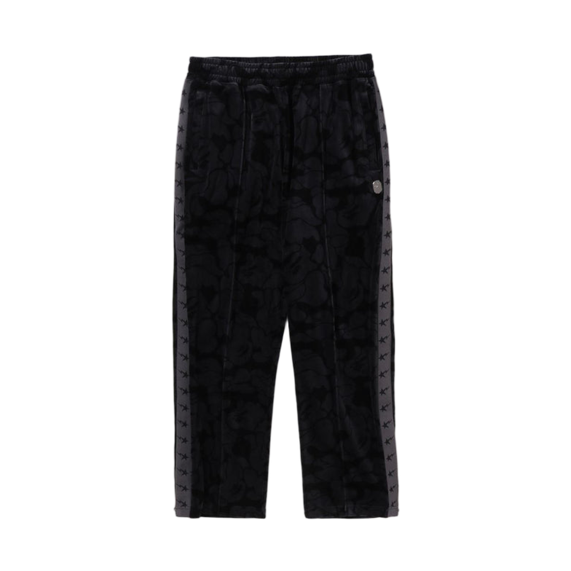 베이프 솔리드 카모 벨루어 메탈 원 포인트 릴렉스드 핏 트랙 팬츠 블랙(BAPE Solid Camo Velour Metal One Point Relaxed Fit Track Pants Black)