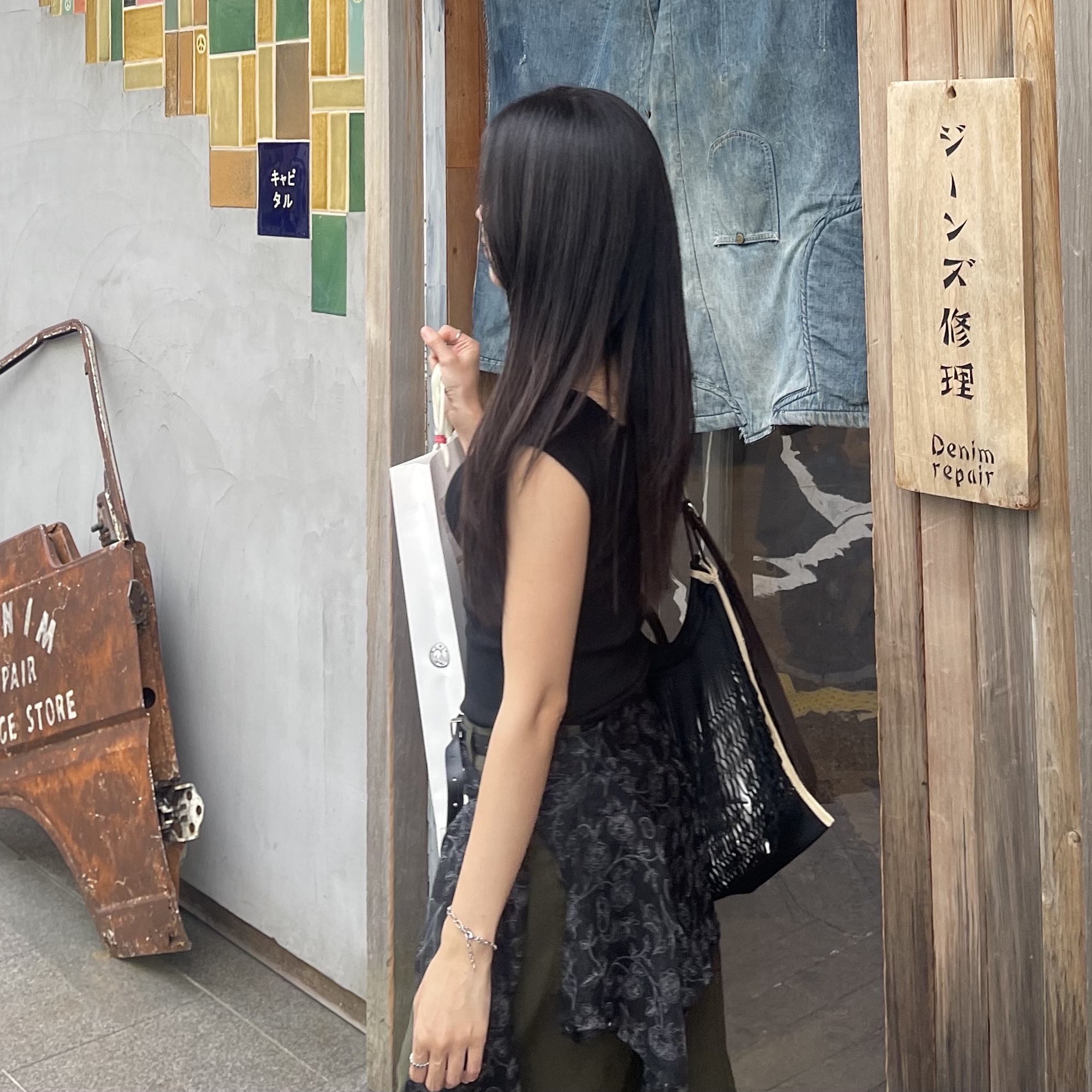 Kapital 60/40 Cross Magpie Pattern Gayle Parka Light Yellow, Lemaire Nylon Net Large Crossbody Filt Net Shopping Bag Black 착용 스타일 - 2