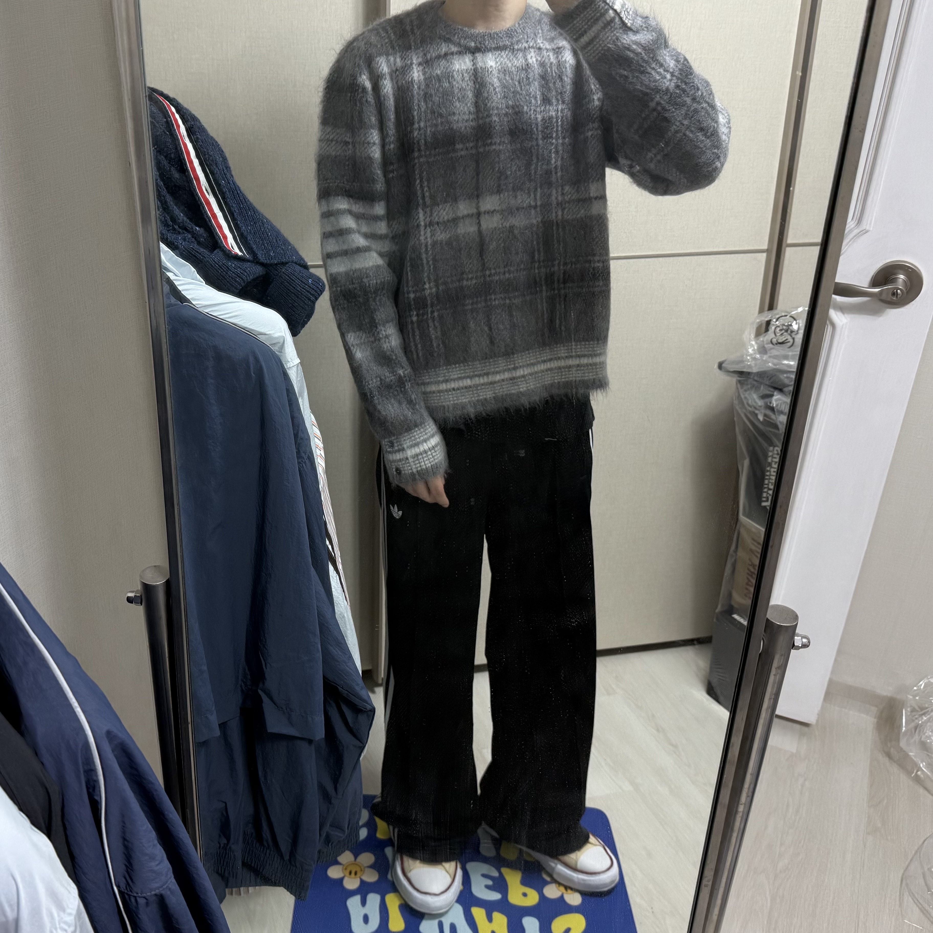 Thom Browne Tartan Mohair Check 4-Bar Crew Neck Pullover Grey, (W) Adidas Adicolor Classic Firebird Loose Track Pants Black - US Sizing 착용 스타일
