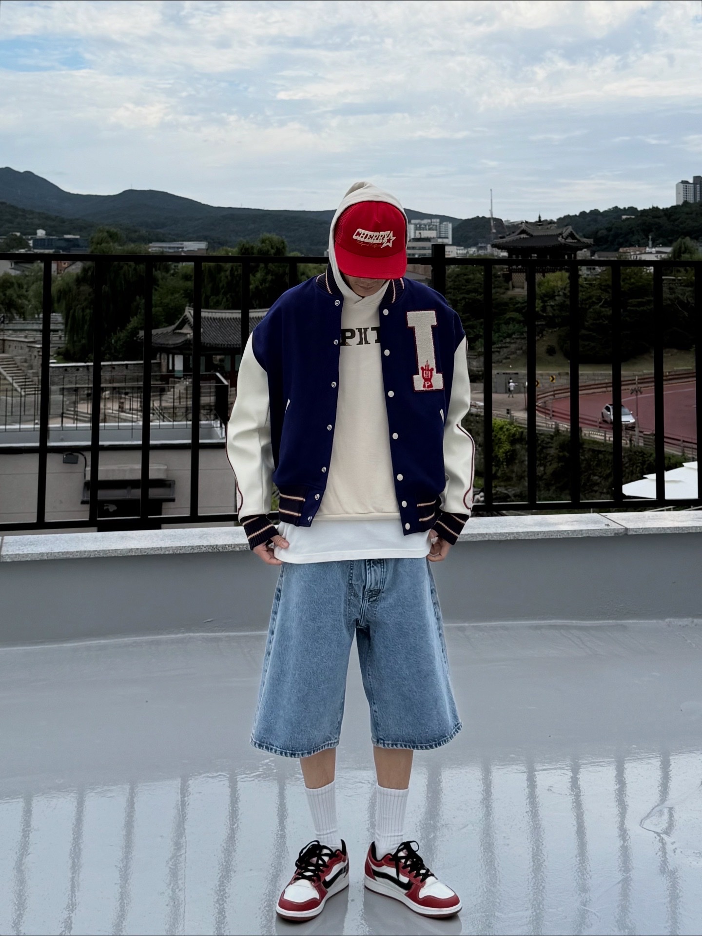 Kapital Wool I-Five Varsity Jacket Blue, Kapital Fleece Hooded Sweatshirt Speakeasy Kapital Pt Kinari 착용 스타일 - 1