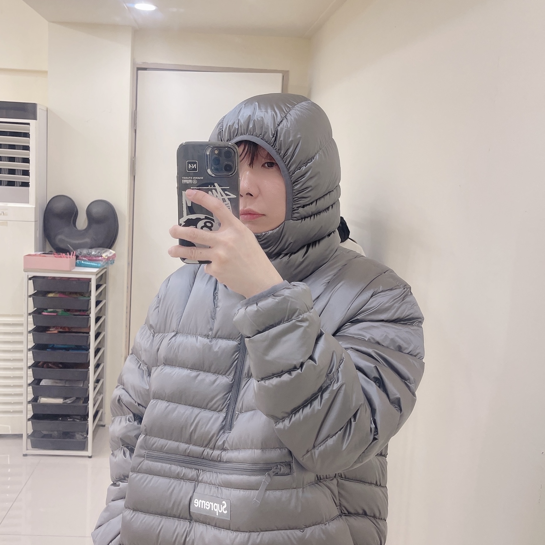 Supreme Micro Down Half Zip Hooded Pullover Silver - 25FW 착용 스타일