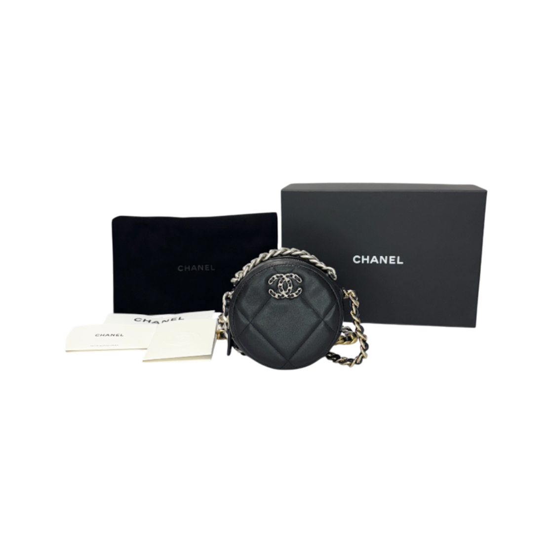 ITLVBH2H9G7D Chanel 19 Round Bag Black Lambskin Silver Chain Mini Bag