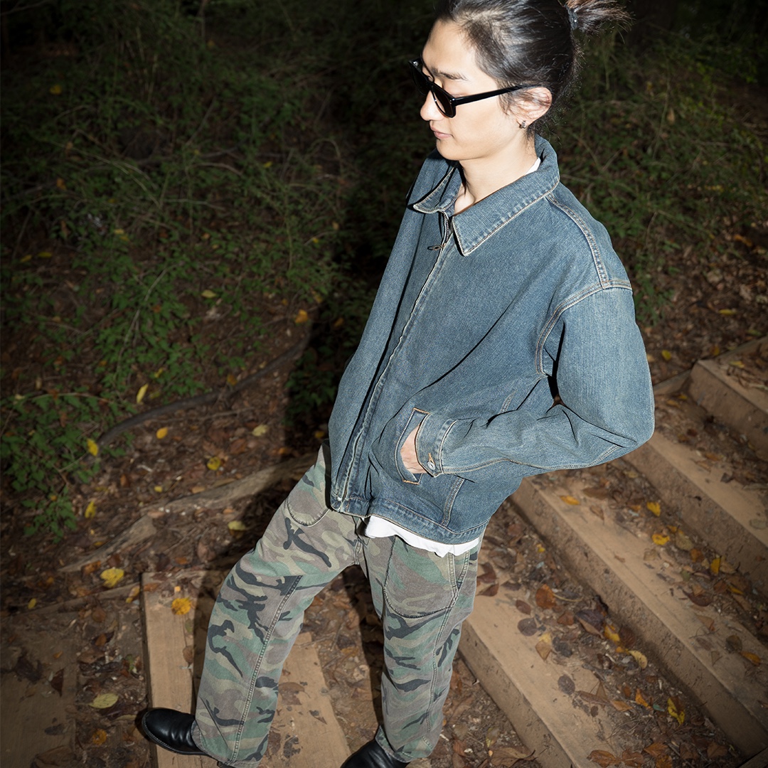POSR Horizon Denim Jacket Vintage Washed, POSR Washed Fatigue Pants Camo 착용 스타일