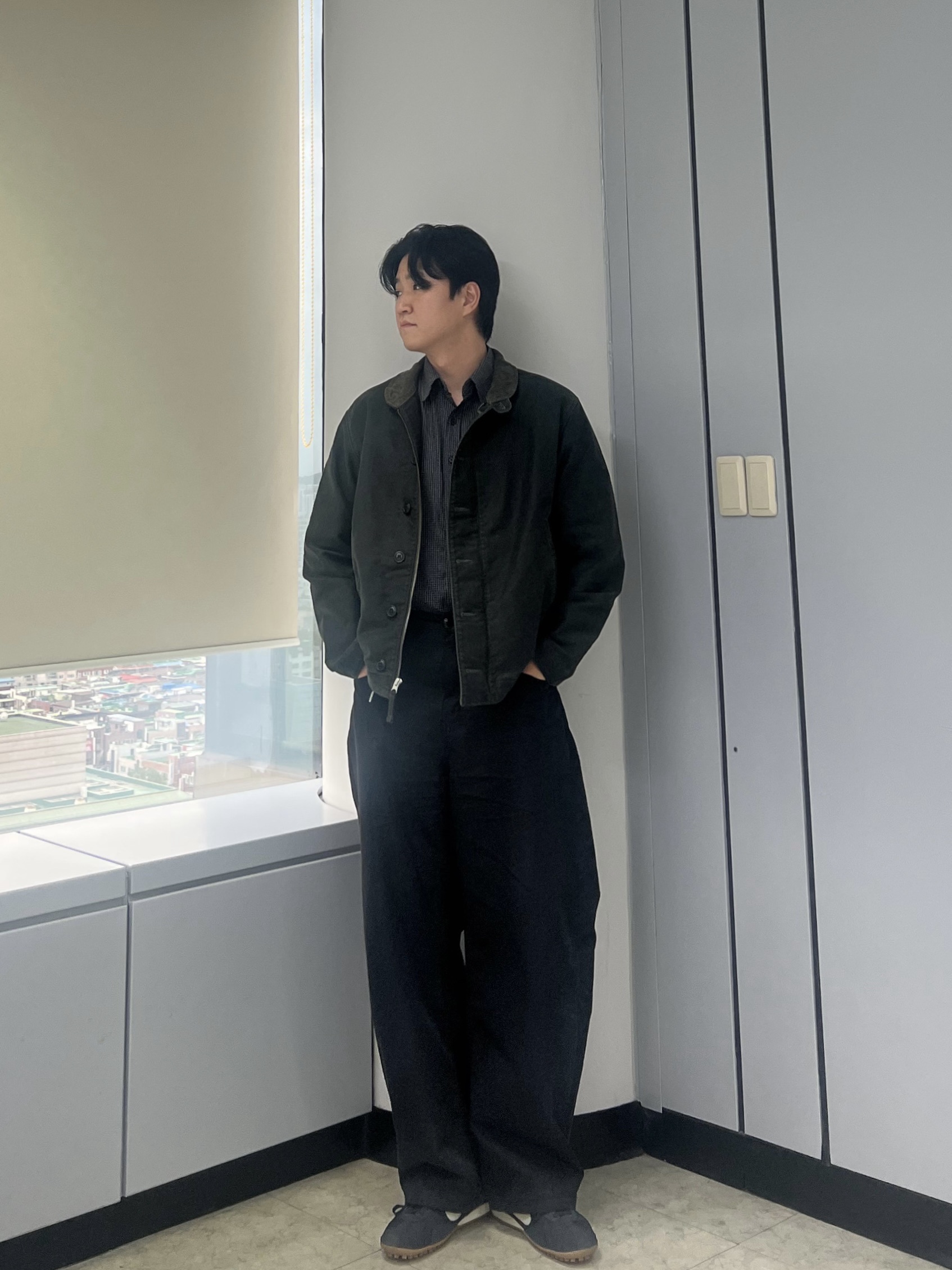 Double RL Jungle Cloth Deck Jacket Dark Navy, Double RL Corduroy Collar Cotton Deck Jacket Khaki Drab 착용 스타일 - 1