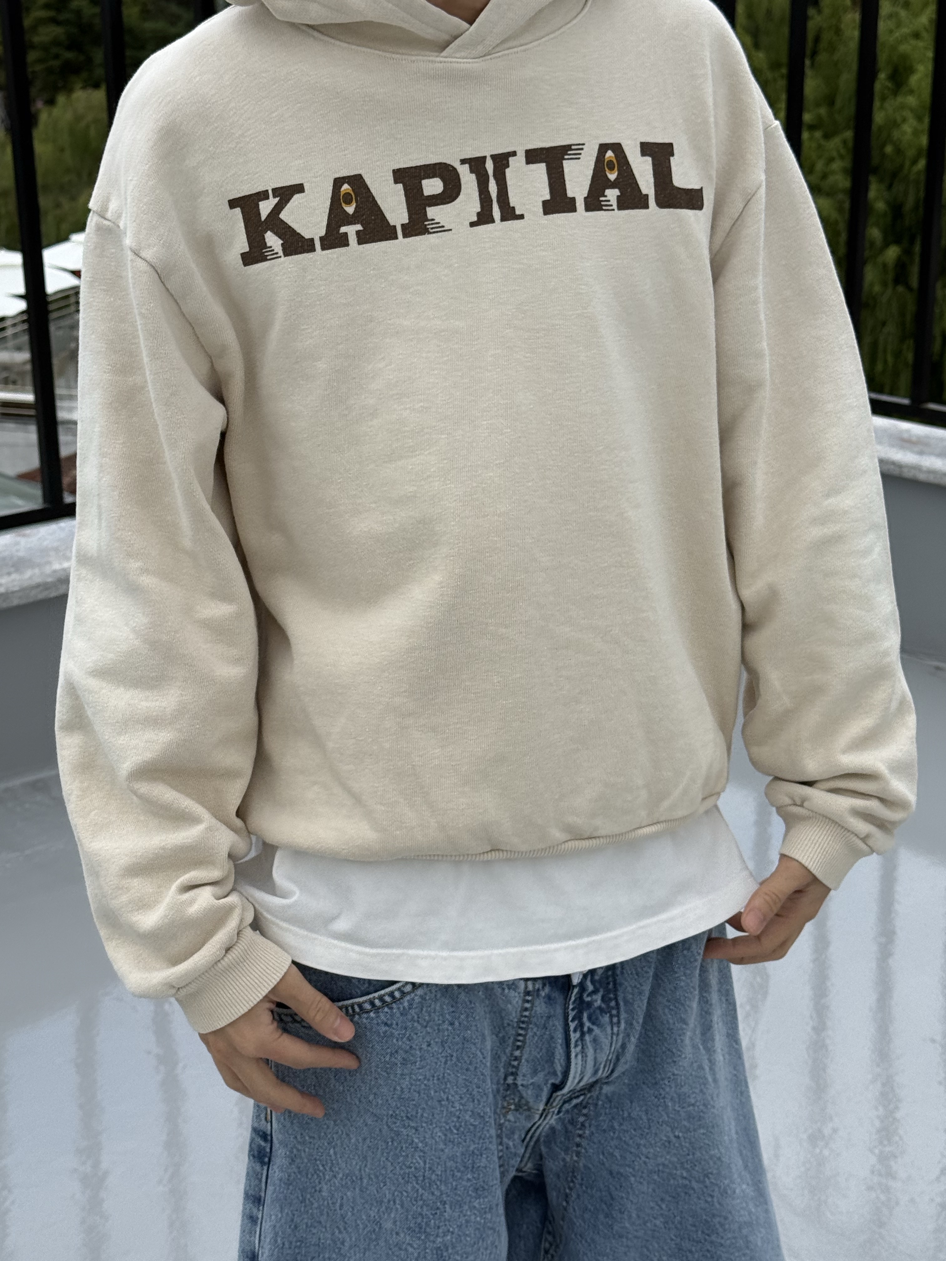 Kapital Wool I-Five Varsity Jacket Blue, Kapital Fleece Hooded Sweatshirt Speakeasy Kapital Pt Kinari 착용 스타일 - 5