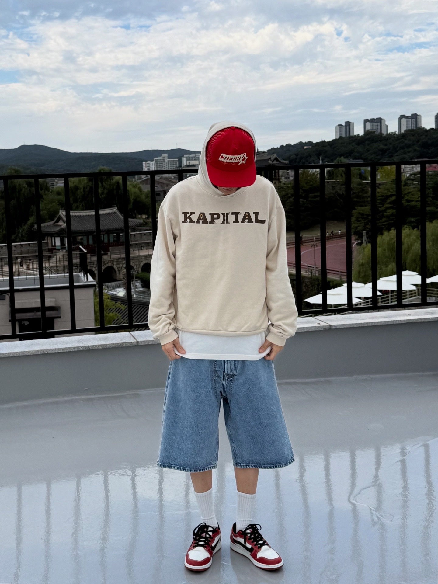Kapital Wool I-Five Varsity Jacket Blue, Kapital Fleece Hooded Sweatshirt Speakeasy Kapital Pt Kinari 착용 스타일 - 4
