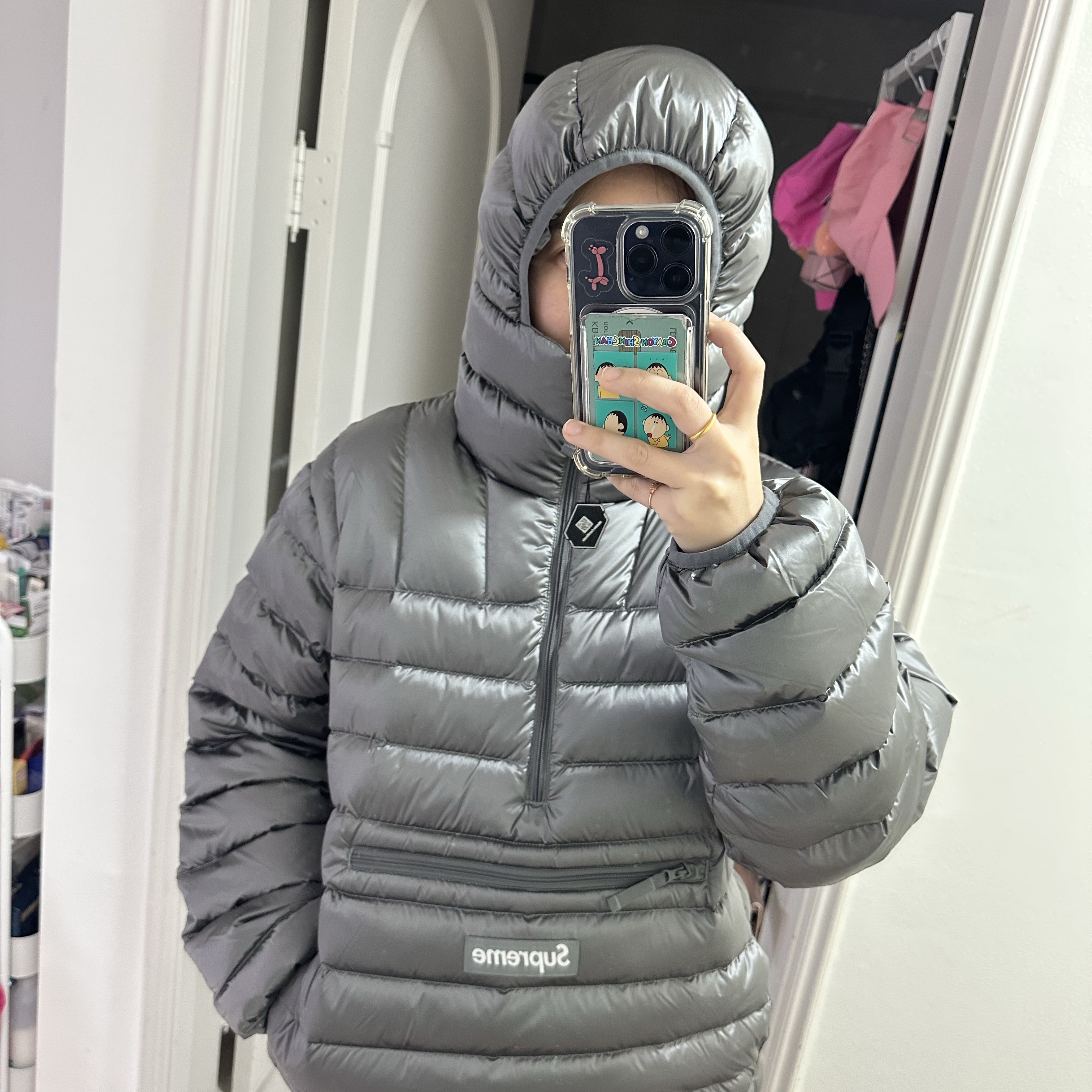 Supreme Micro Down Half Zip Hooded Pullover Silver - 25FW 착용 스타일 - 2