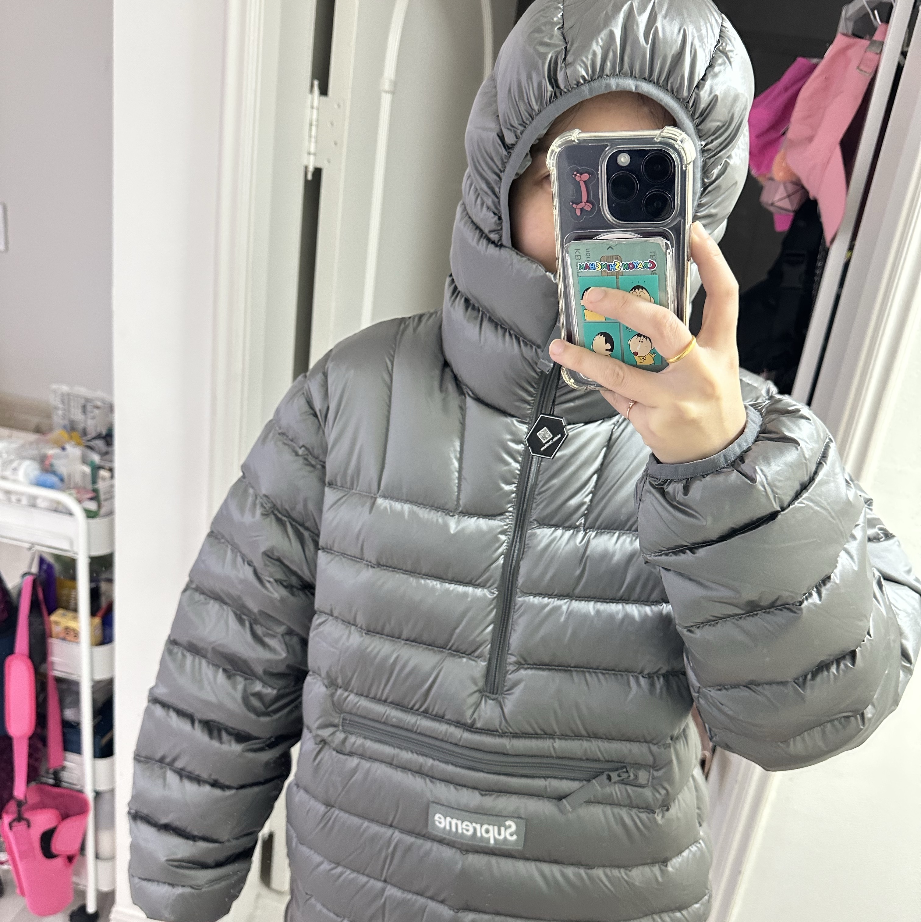 Supreme Micro Down Half Zip Hooded Pullover Silver - 25FW 착용 스타일 - 1