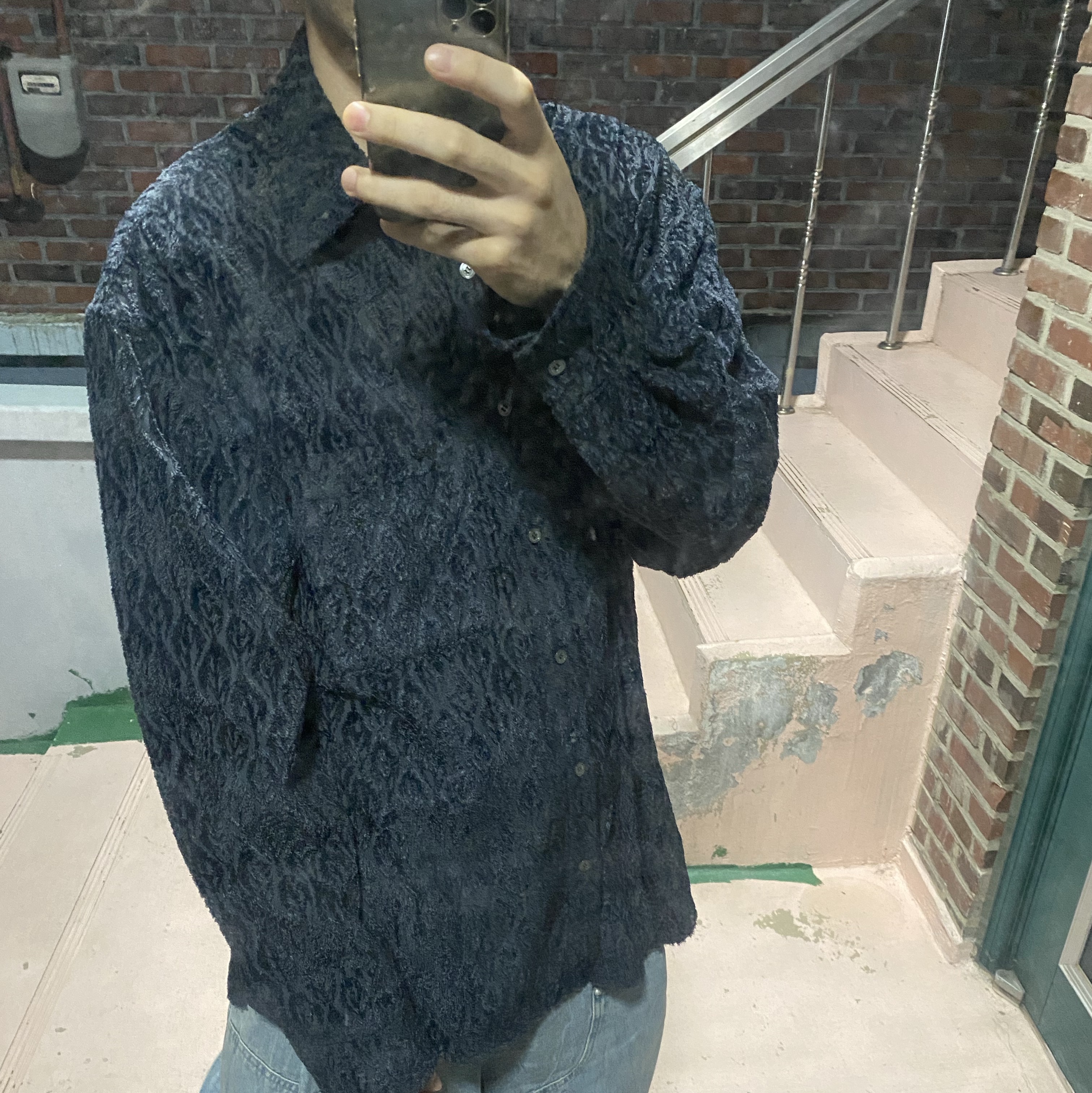 Wooyoungmi Peacock Pattern Shirt Navy - 24FW, Wooyoungmi Double Knee Denim Shorts Blue - 25SS 착용 스타일 - 2