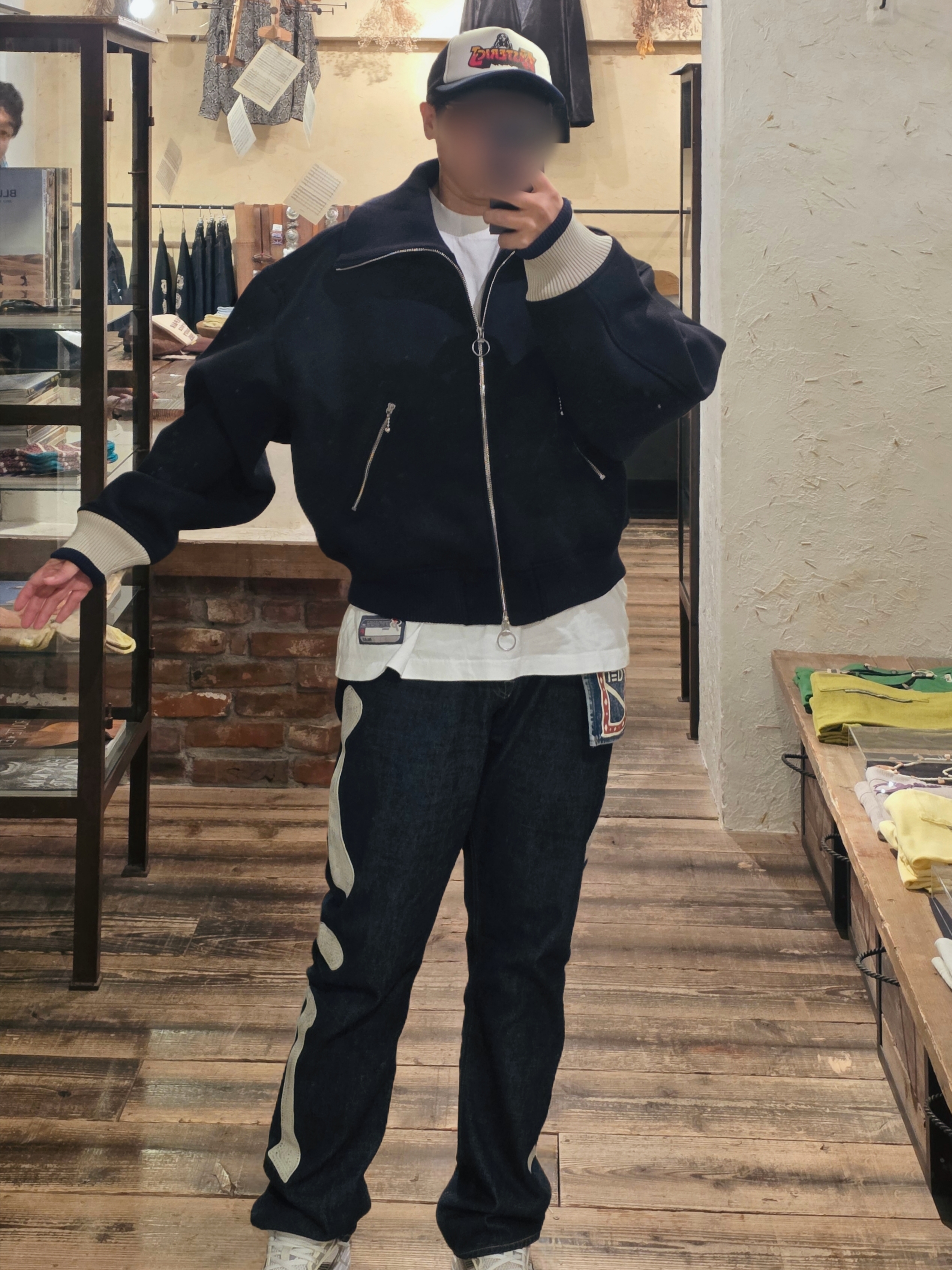 Kapital Flannel Zip Beacon Blouson Navy, Kapital 12.5 oz. Denim Mexican Tuxedo 5P Okagilly Pants Indigo 착용 스타일