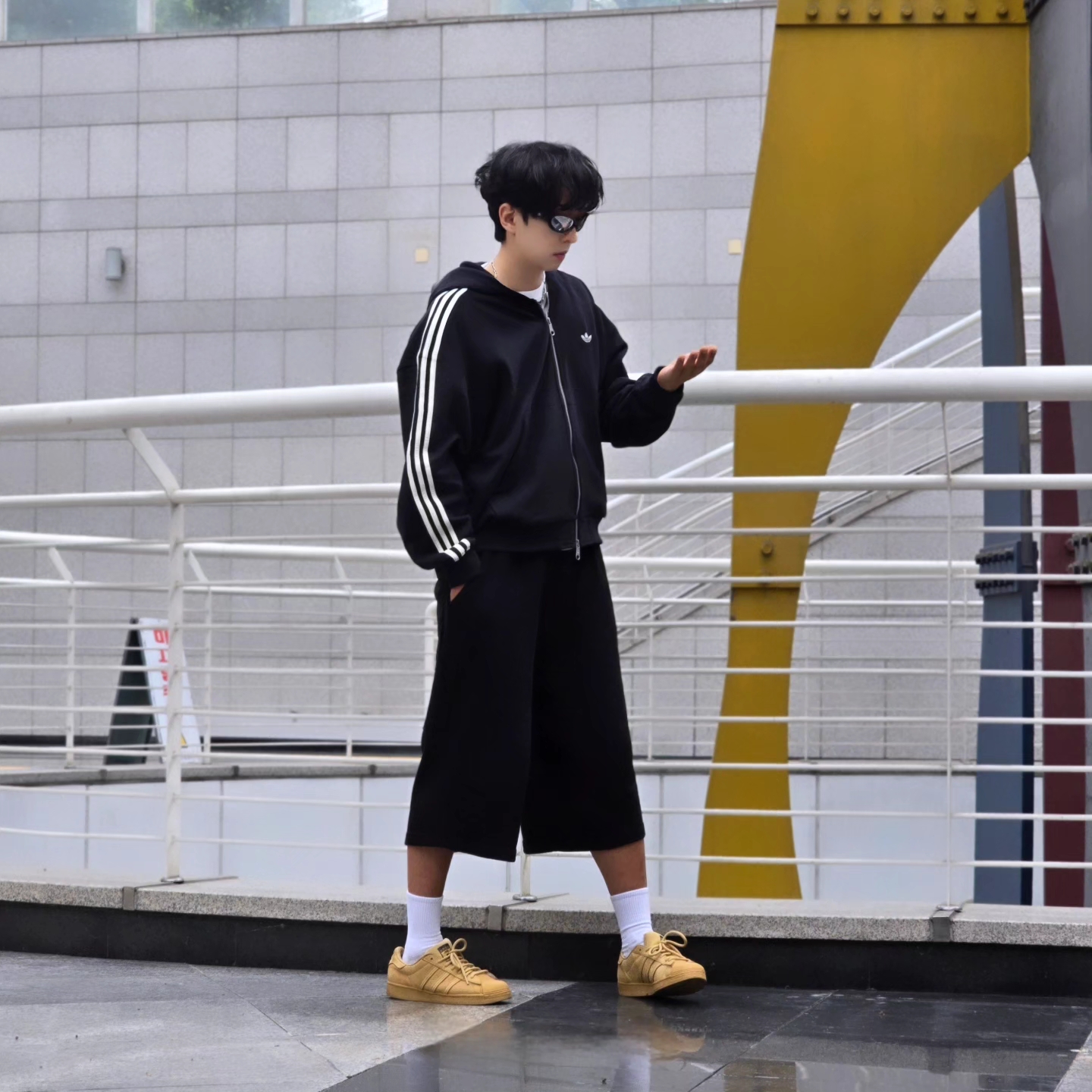 Adidas 3-Stripes Full-Zip Hoodie Black Cream White - KR Sizing, Adidas 3-Stripes Full-Zip Hoodie Black Cream White - US Sizing 착용 스타일 - 7