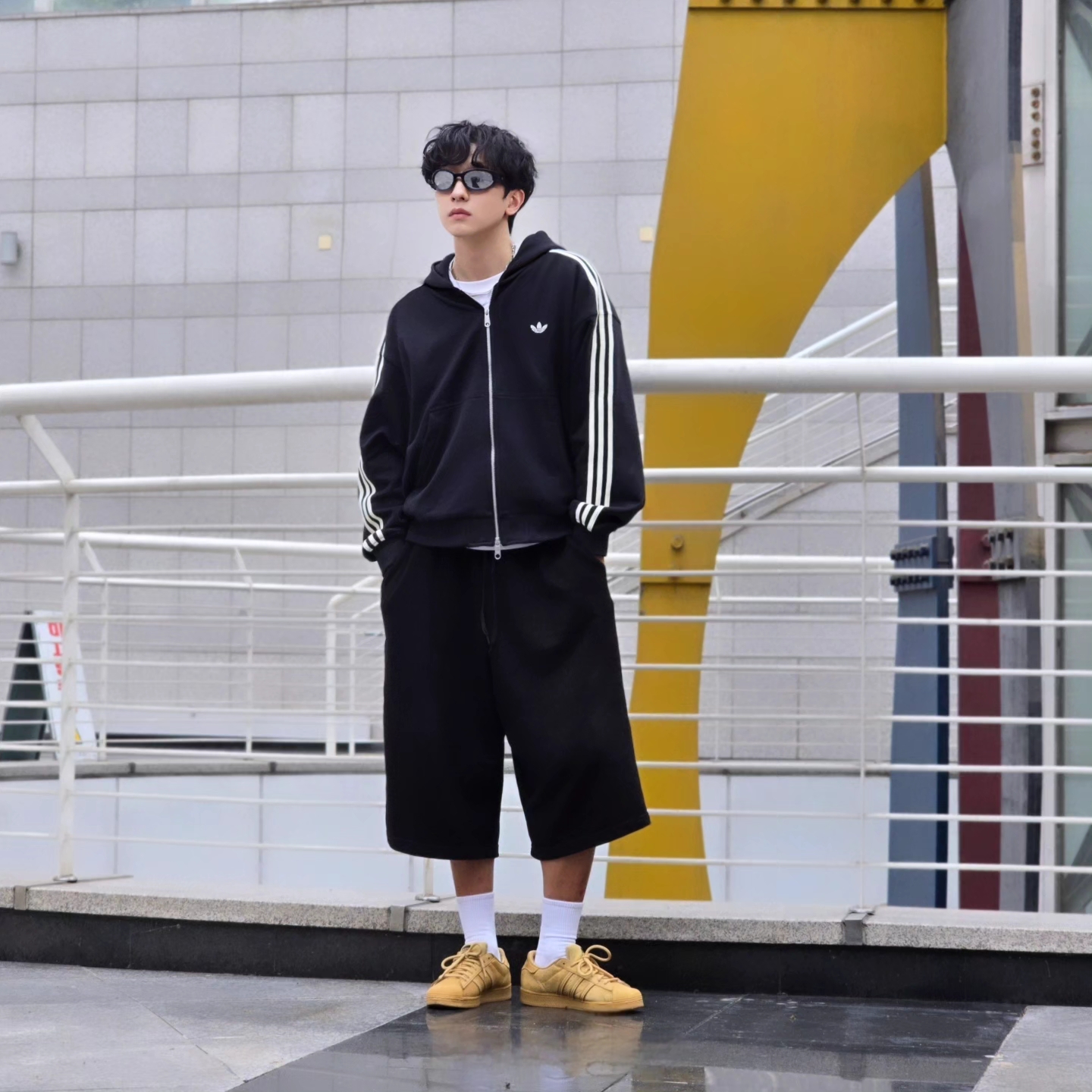 Adidas 3-Stripes Full-Zip Hoodie Black Cream White - KR Sizing, Adidas 3-Stripes Full-Zip Hoodie Black Cream White - US Sizing 착용 스타일 - 8
