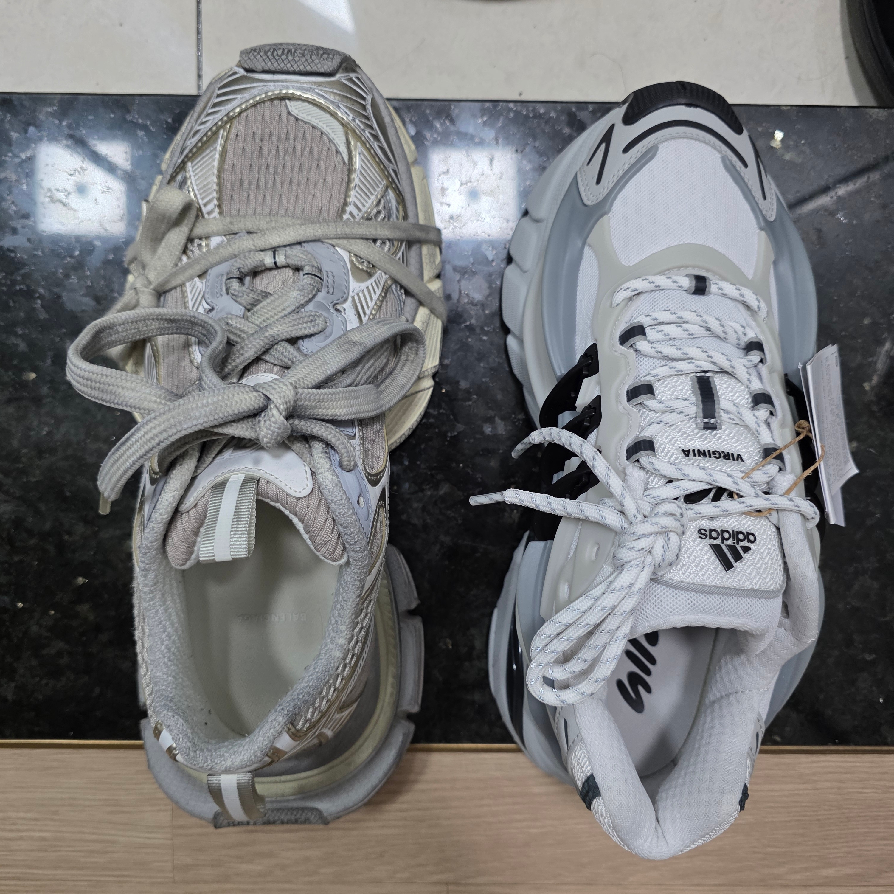 Adidas x Pharrell Williams Adistar Jellyfish Solid Grey Core Black, Balenciaga 3XL Sneakers Light Beige 착용 스타일