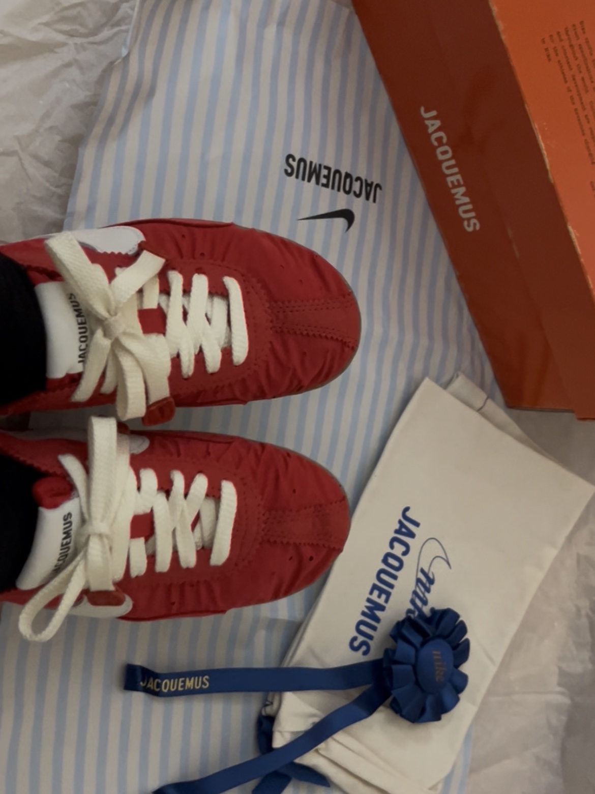 Nike x Jacquemus Moon Shoe SP University Red and Bicycle Yellow 착용 스타일