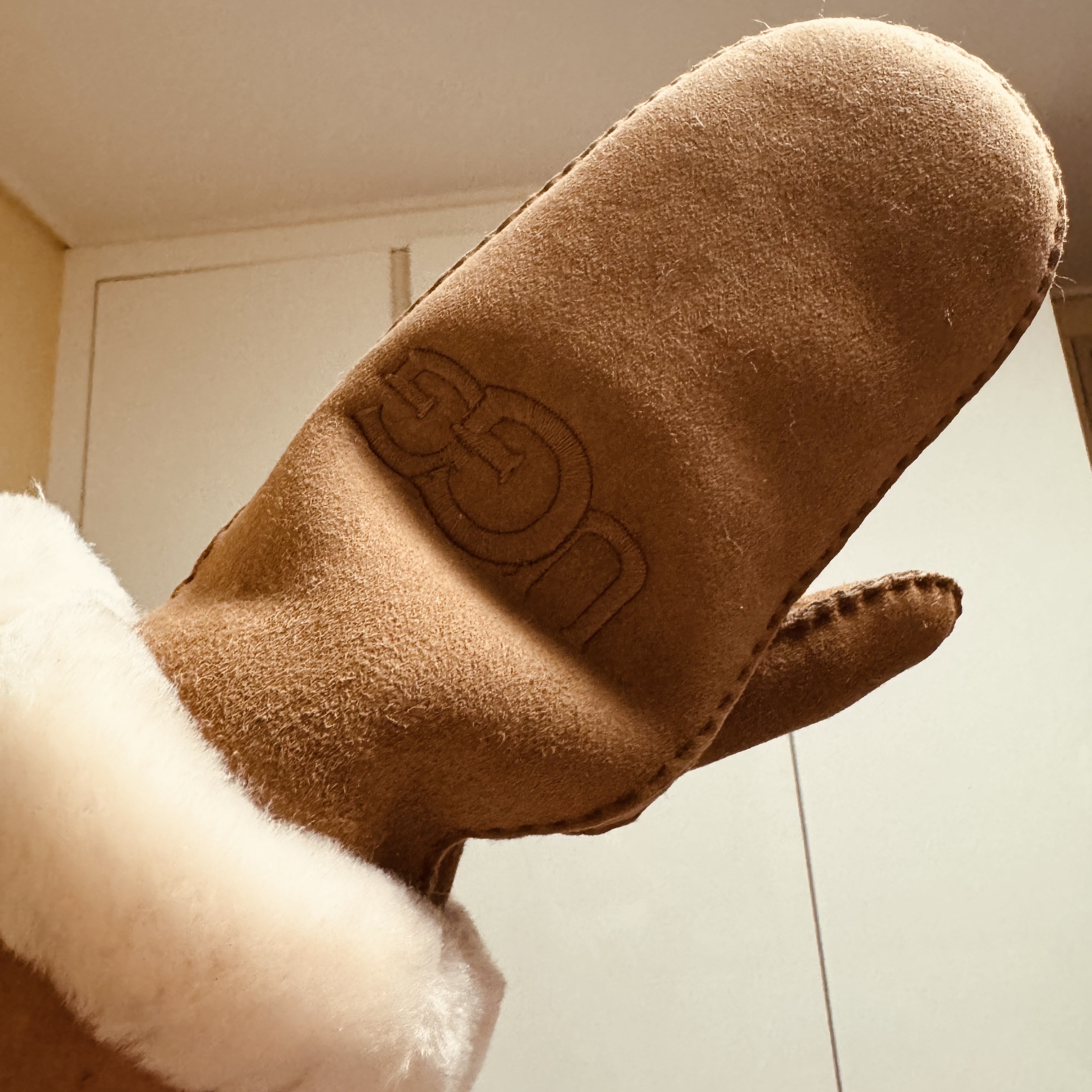 (W) UGG Shearling Embroider Mitten Chestnut 착용 스타일
