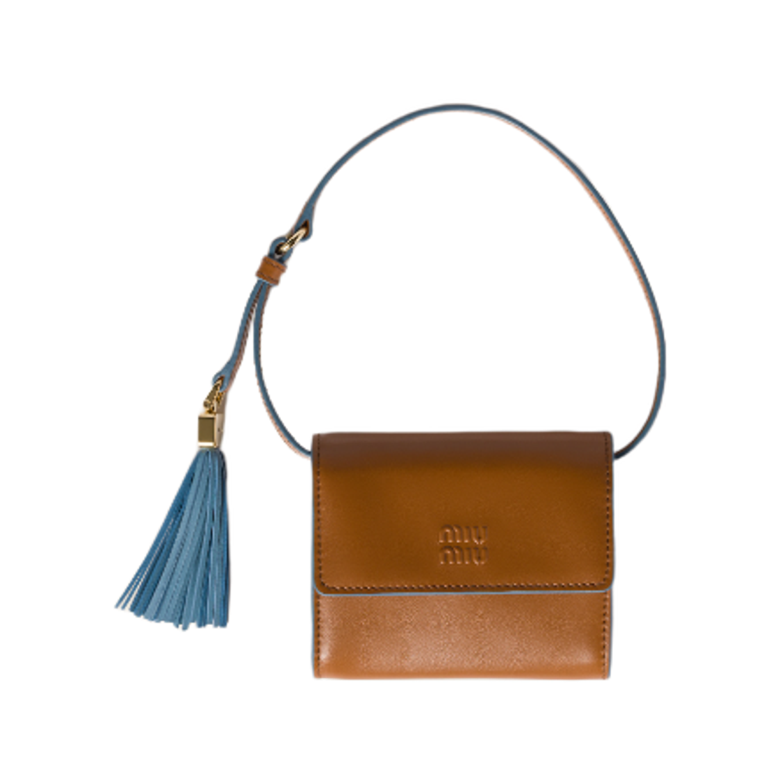 5MT024-2IDW-F0NP5 Miu Miu Leather Wallet with Shoulder Strap Cognac Astral Blue