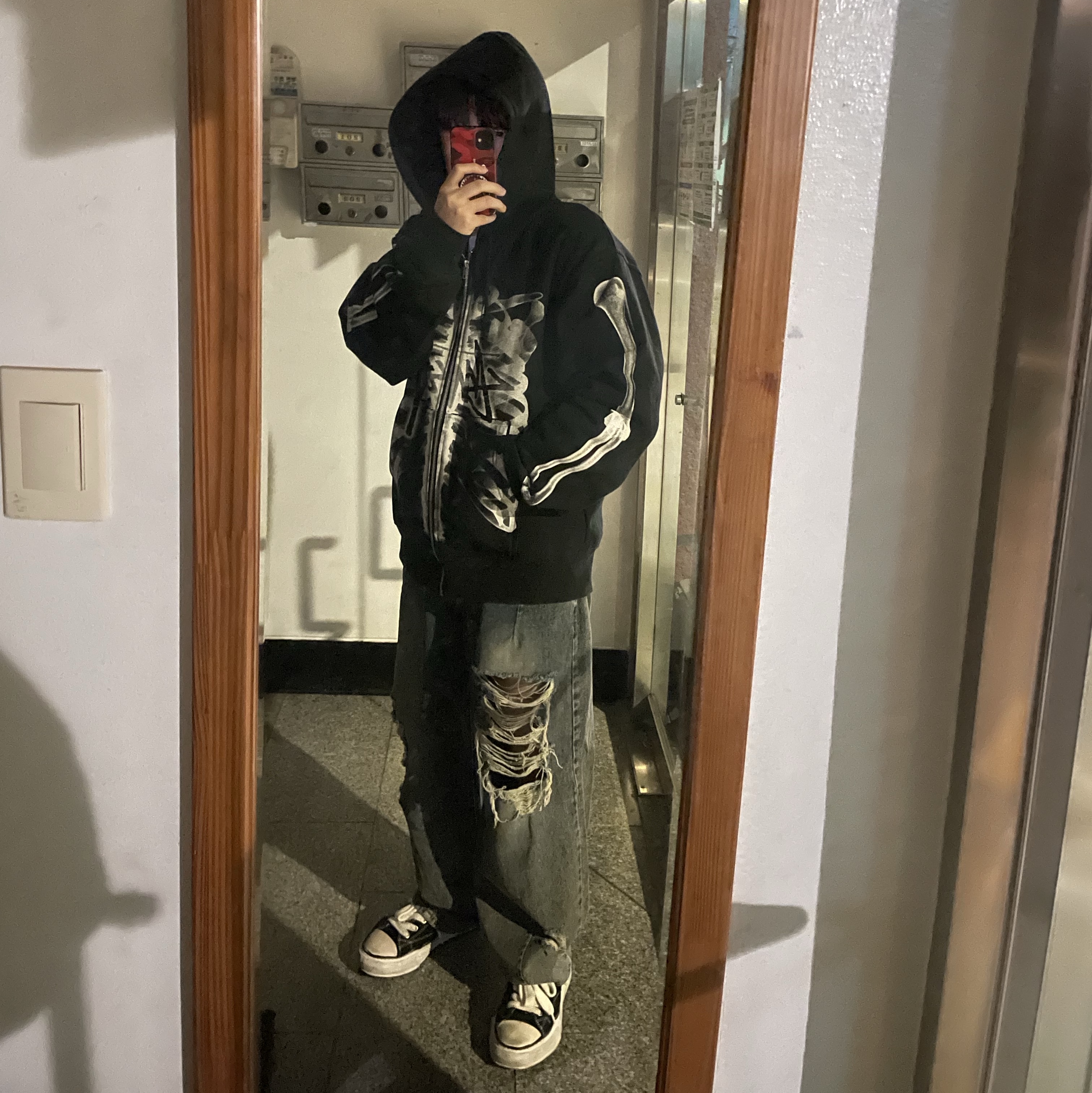 Stussy Rib Cage Zip Hoodie Black White, Maison Mihara Yasuhiro Peterson OG Sole Canvas Low Sneakers Black 착용 스타일