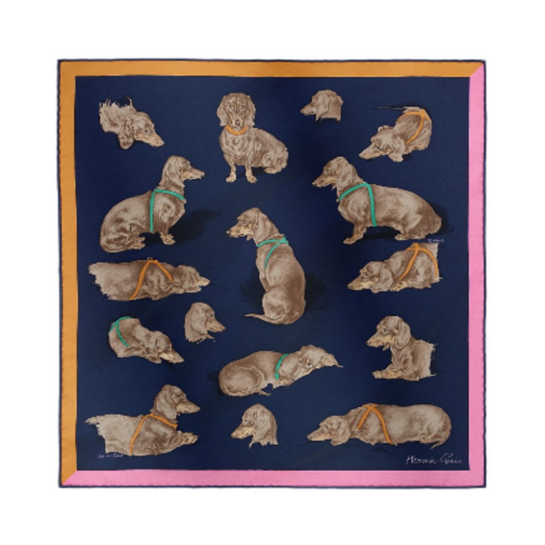 (W) 에르메스 레 바세 스카프 45 블루 마린 멍그 로즈 봉봉((W) Hermes Les Bassets scarf 45 Bleu Marine Mangue Rose Bonbon) - 1