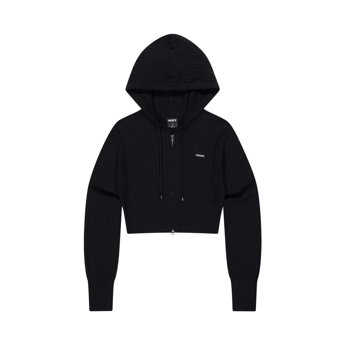 H253WRLKN090BK HDEX Womens Cable Knit Crop Hoodie Zip-Up Black