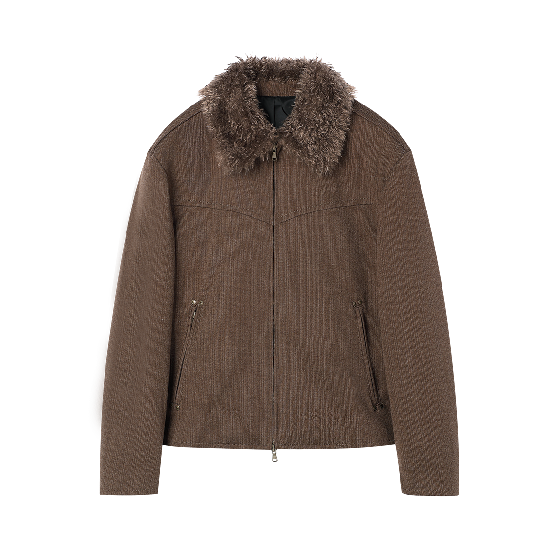 웨슬리휴스턴 더스트 라인 퍼 칼라 헤링본 자켓 브라운(WESLEY HYUSTON Dust Line Fur Collar Herringbone Jacket Brown)
