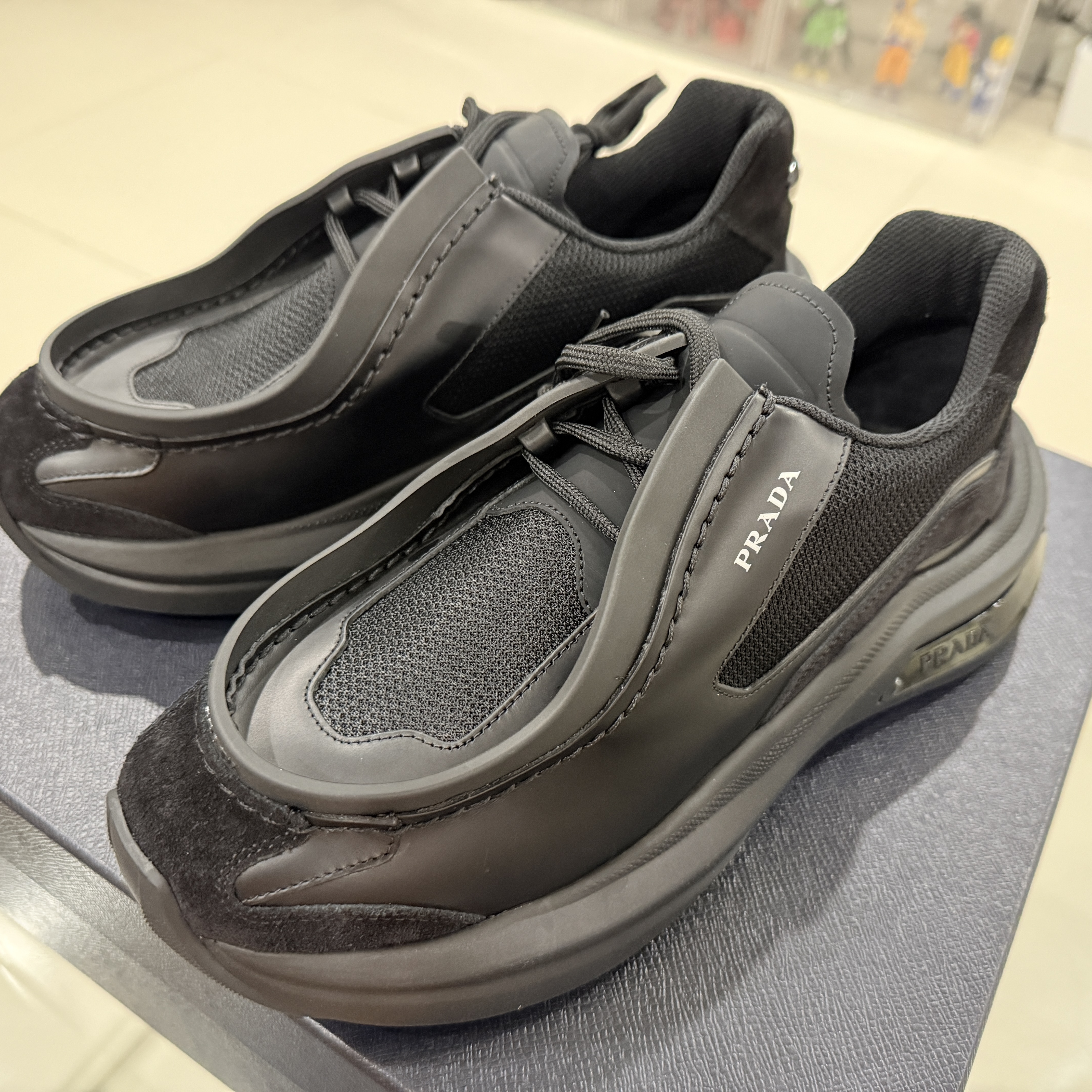 Prada Brushed Leather Sneakers with Bike Fabric and Suede Elements Black 착용 스타일