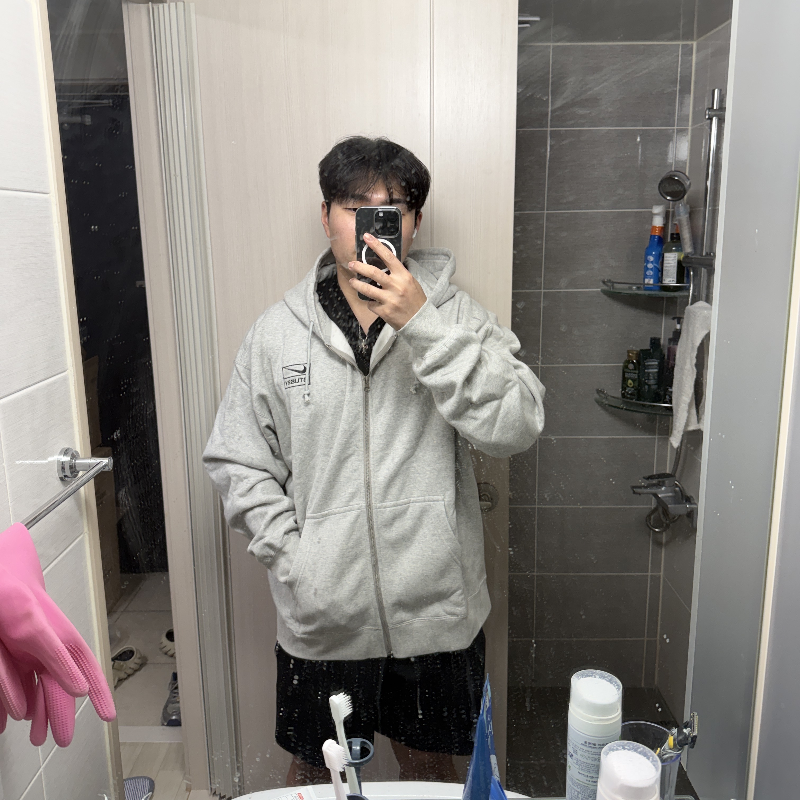 Nike x Stussy Full Zip Fleece Hoodie Grey Heather (FJ9181-050) 착용 스타일