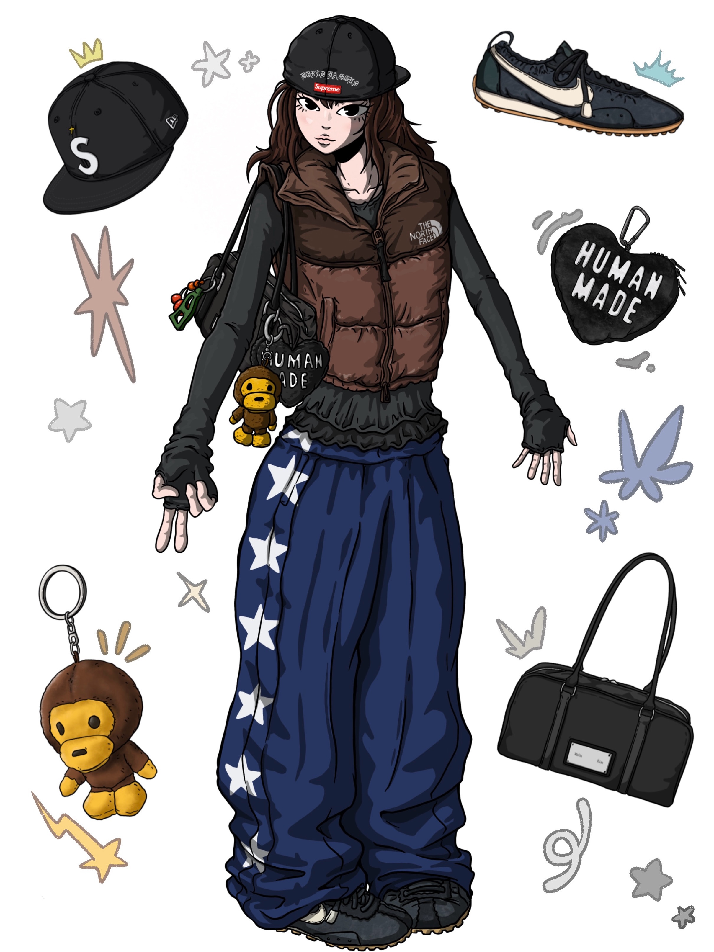 Nike x Jacquemus Moon Shoe SP Off Noir Cashmere, BAPE Baby Milo Plush Doll Keychain Brown 착용 스타일