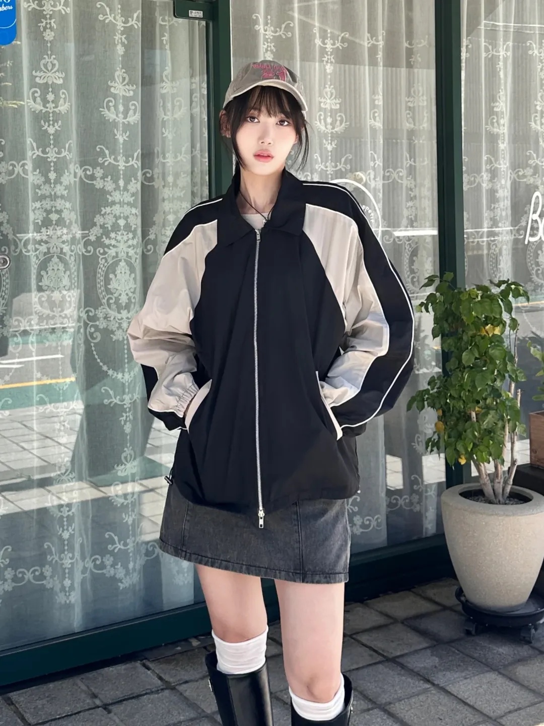 SLOW RECORD HOUSE Piping Line Windbreaker Navy 착용 스타일 - 7