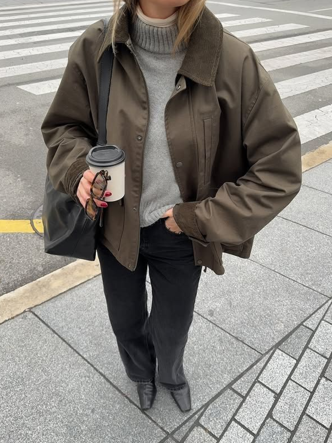 Carhartt WIP OG Detroit Jacket Olive Black Stone Canvas - Winter, Polyteru 5 Zip Jacket Purple Brown (Leather Collar) 착용 스타일 - 4